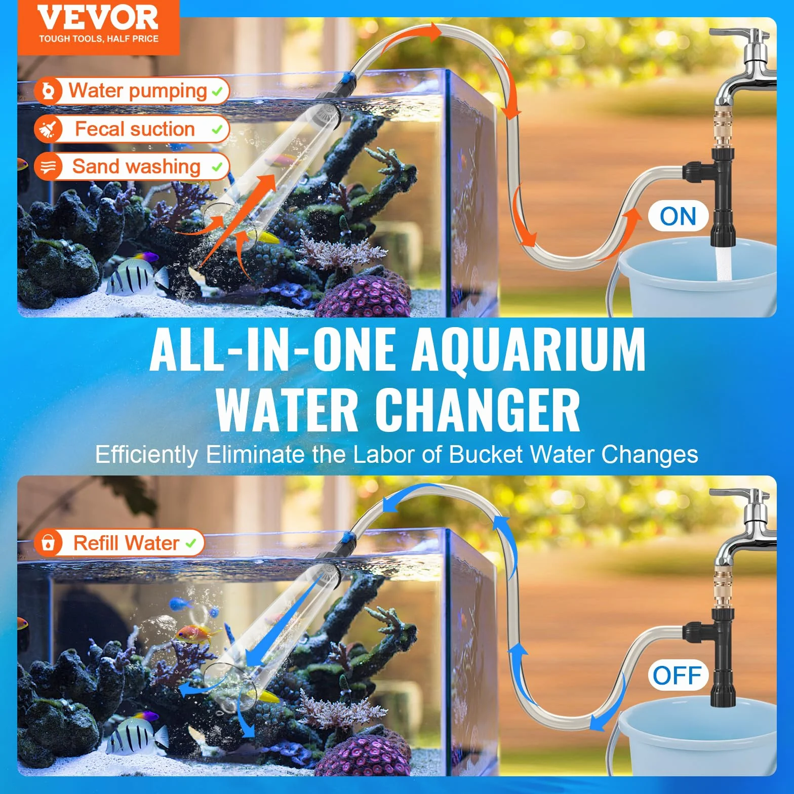 VEVOR Aspiraghiaia per Acquario 15640 x 220 x 58 mm Tubo in PVC 15,2 m Detergente Ghiaia per Acquari, Aspirapolvere Acquario con Sifone, 3 Tipi di Adattatori in Ottone, per Pulizia di Ghiaia, Sabbia