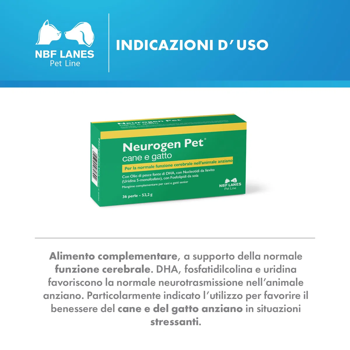 NBF Lanes | Neurogen Pet Cane e Gatto, 36 Perle Appetibili, per la Normale Funzione Cerebrale dell’Animale Anziano, Cani e Gatti Senior