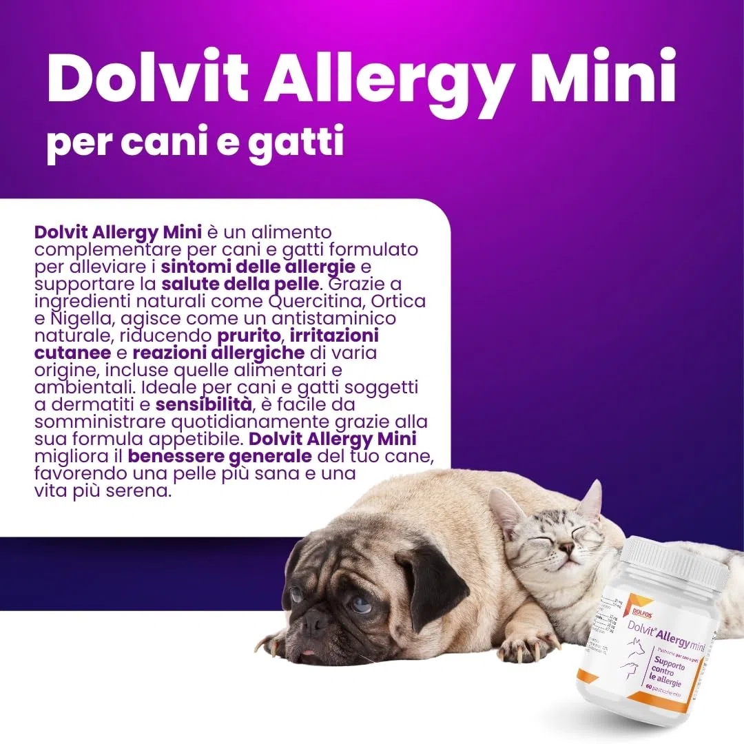 Dolvit Allergy Mini 60 Compresse - Integratori per Cani Naturali - Sollievo da Prurito Cane e Allergie Stagionali - Contrasta Dermatite Cane con formula Sicura e Naturale