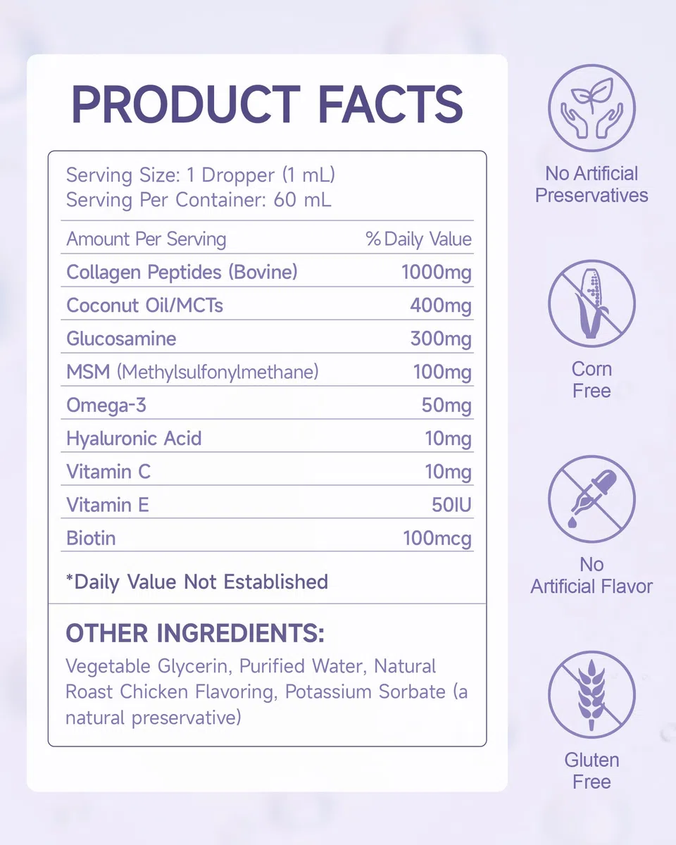Eagou Diary Collagene per Cani - Supporto per Articolazioni e Flessibilità, Salute della Pelle e del Pelo, Glucosamina, MSM, Olio di Cocco, Vitamina C E, Biotina - Supporto Sistema Immunitario, 60ml