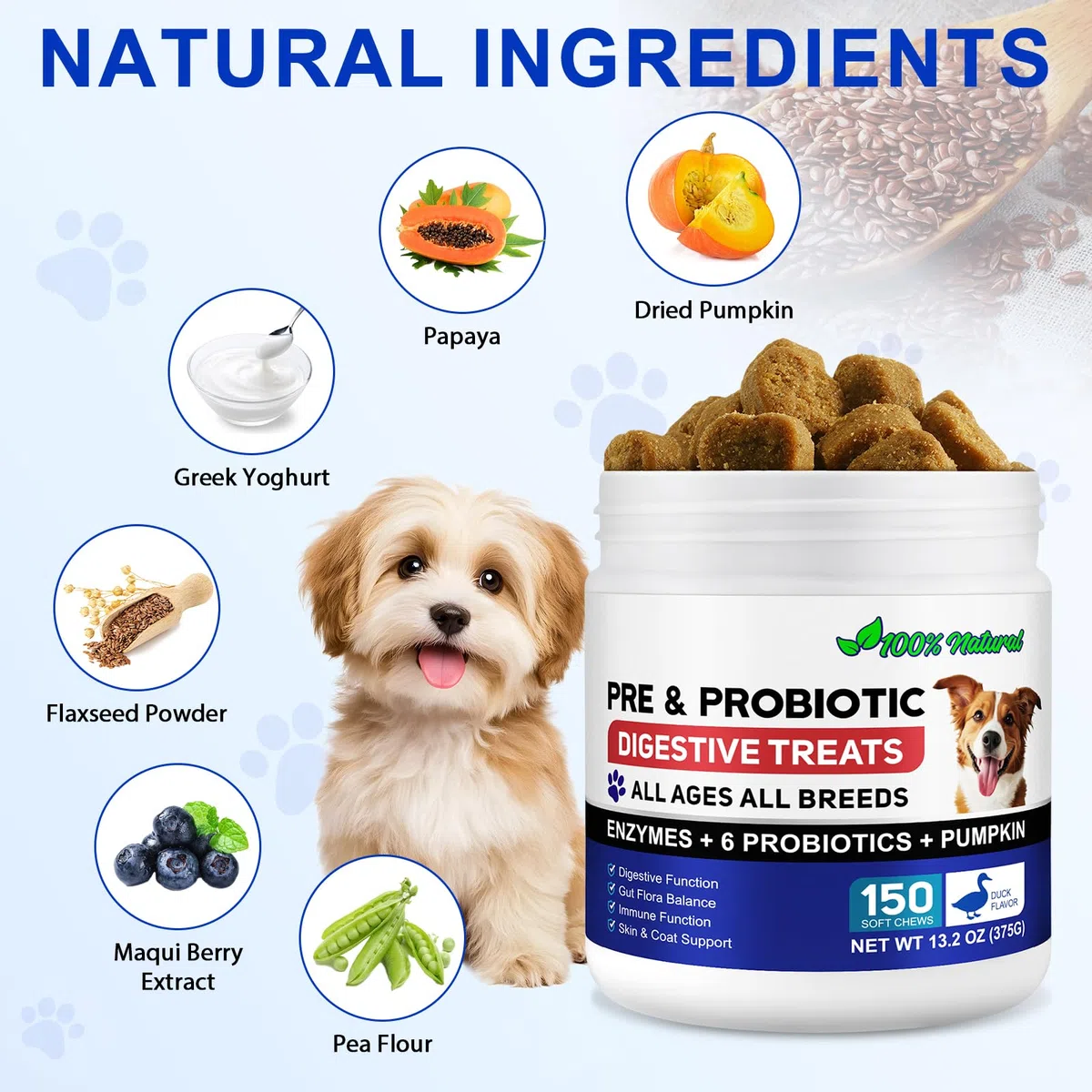 Probiotici per Cani, 150 Pezzi Probiotici per la Salute Intestinale dei Cani, Pre e Probiotici per il Supporto della Salute Digestiva del Cane, Salute Intestinale e Immunità, Sapore di Anatra