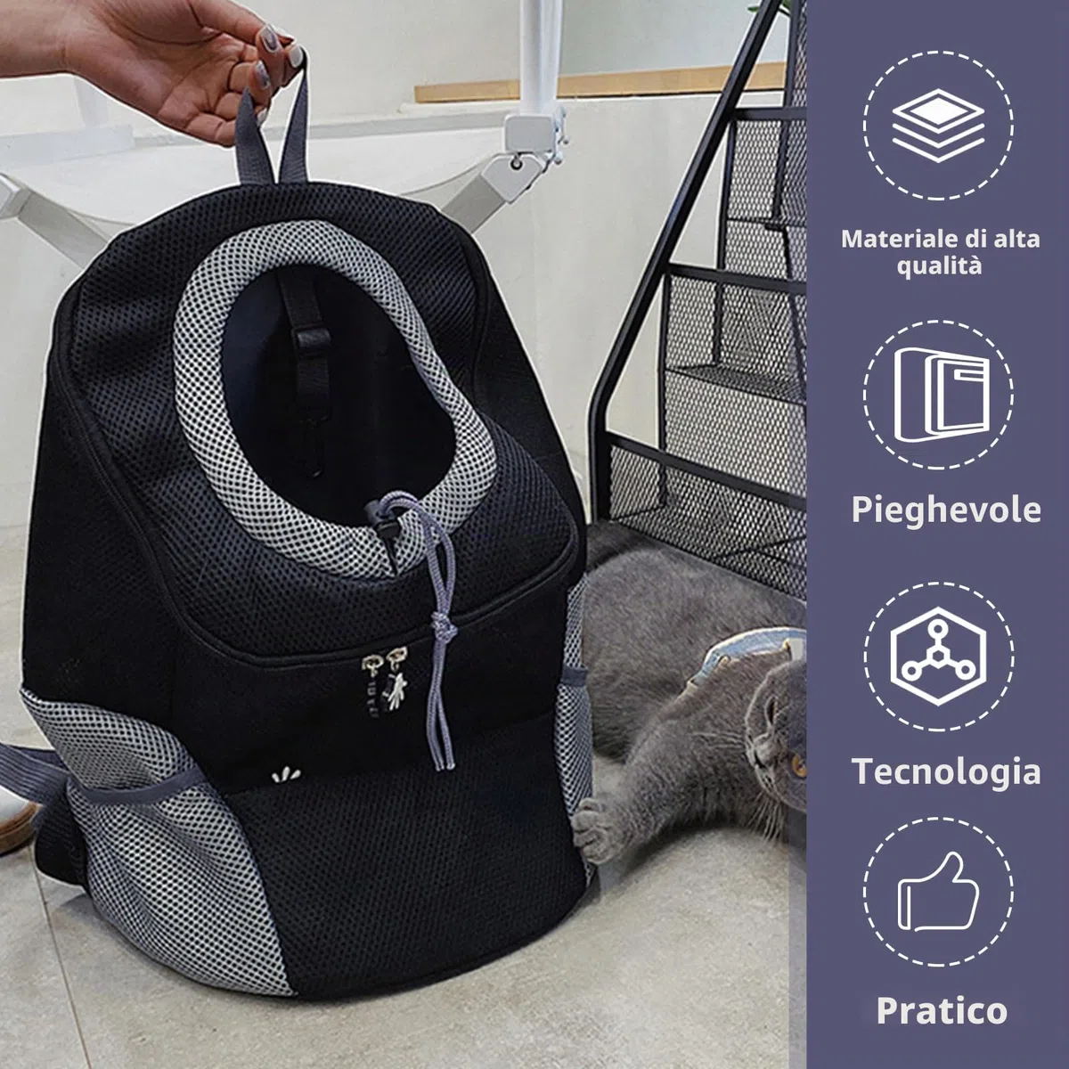 Zaino Traspirante per Cani e Gatti con Finestra, Trasporto Portatile Regolabile (Nero, M)