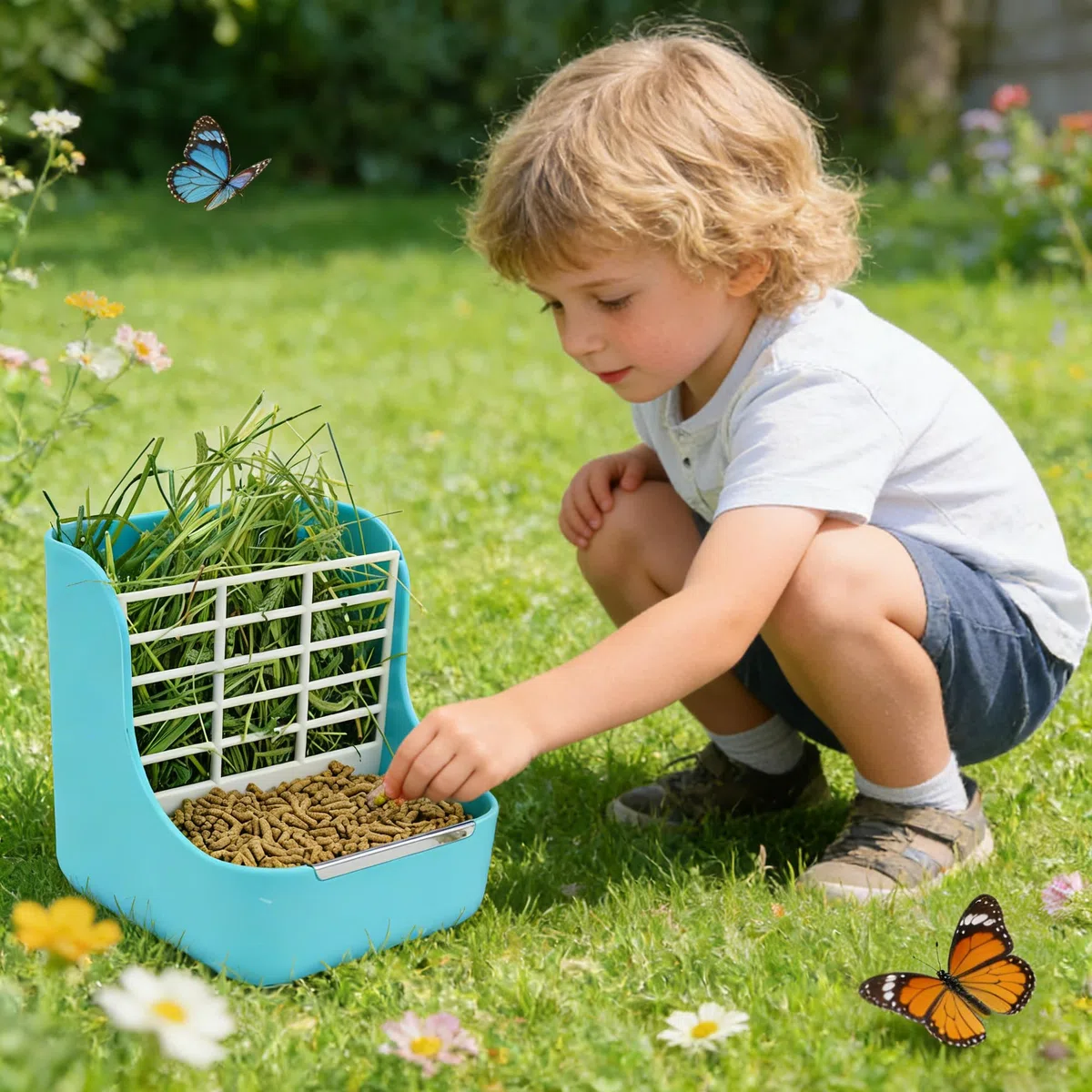 Alimentatore di Fieno, Alimentatore di plastica, per Coniglietti in plastica per Animali 2 in 1 Mangiatoie per fieno per piccoli animali, coniglio, porcellino d'india, galesaur, furetto (blu)