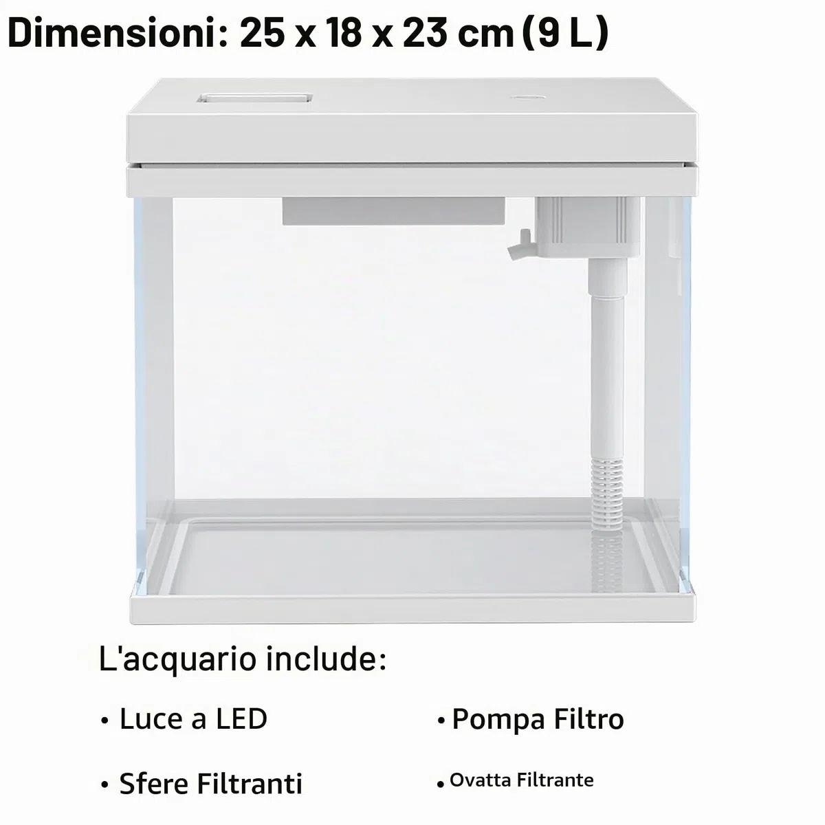 Serbatoio per pesci da 9 l, acquario in vetro nano, sistema di filtraggio migliorato e luce LED, per acqua dolce e marina, sfere filtranti incluse (bianco, 9L)