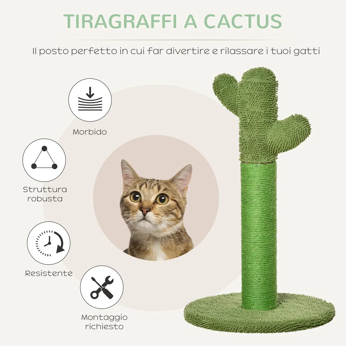 PawHut Albero Tiragraffi per Gatti Adulti e Gattini a Forma di Cactus, Corda Sisal e Base in Legno, 40x40x65 cm, Verde
