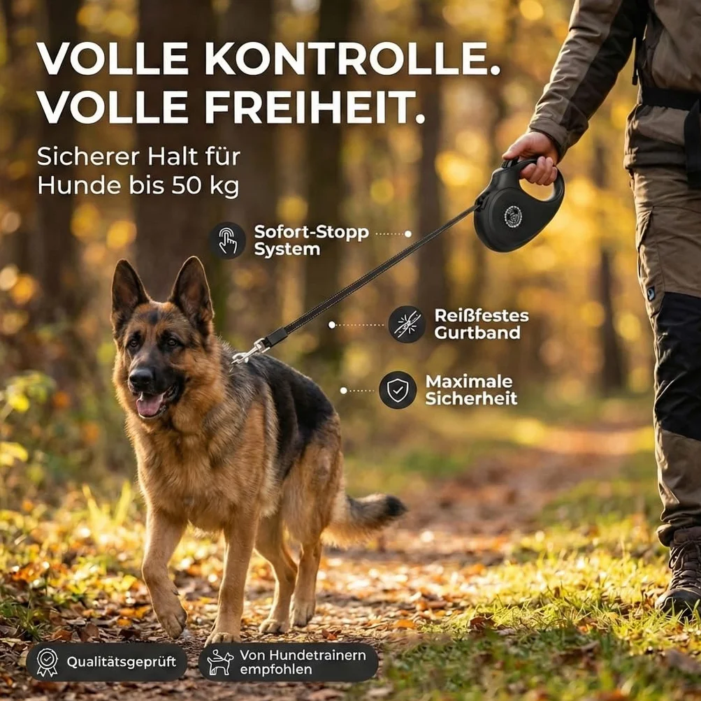 HUND IST KÖNIG Guinzaglio per cani, 5 m, per cani di piccola e grande, di alta qualità, allungabile con comoda impugnatura, robusto guinzaglio estraibile, 15-50 kg