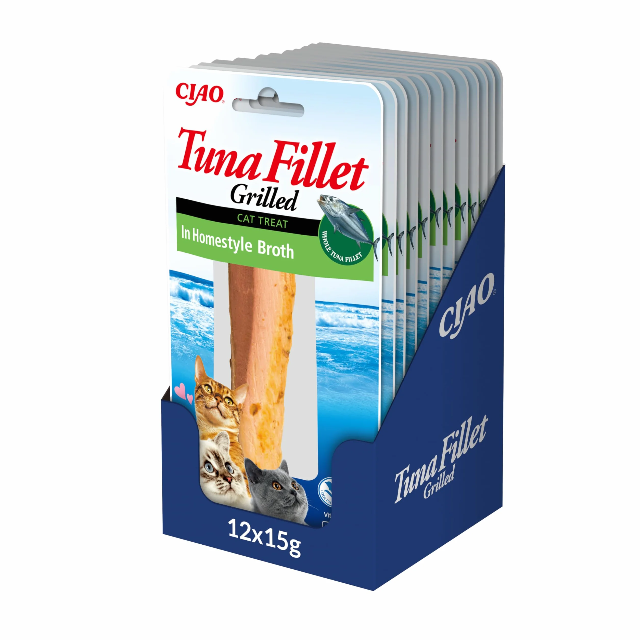 INABA Filetti di Tonno Grigliato per Gatti, in Brodo Fatto in Casa - Snack Gatto Ricco di Antiossidanti Senza Conservanti o Coloranti Artificiali, Grain-Free - Cibo per Gatti, 12 Filetti x 15g