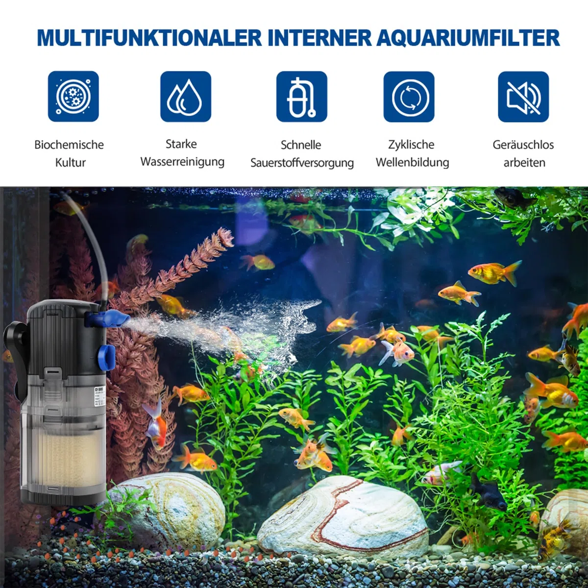 OMECO Filtro Interno per Acquario, Pompa Filtro Silenzioso 500 L/h, 8 W, 40 DB, Regolabile con Ossigeno, Accessori per Filtrazione, 30 L, 60 L, 120 L