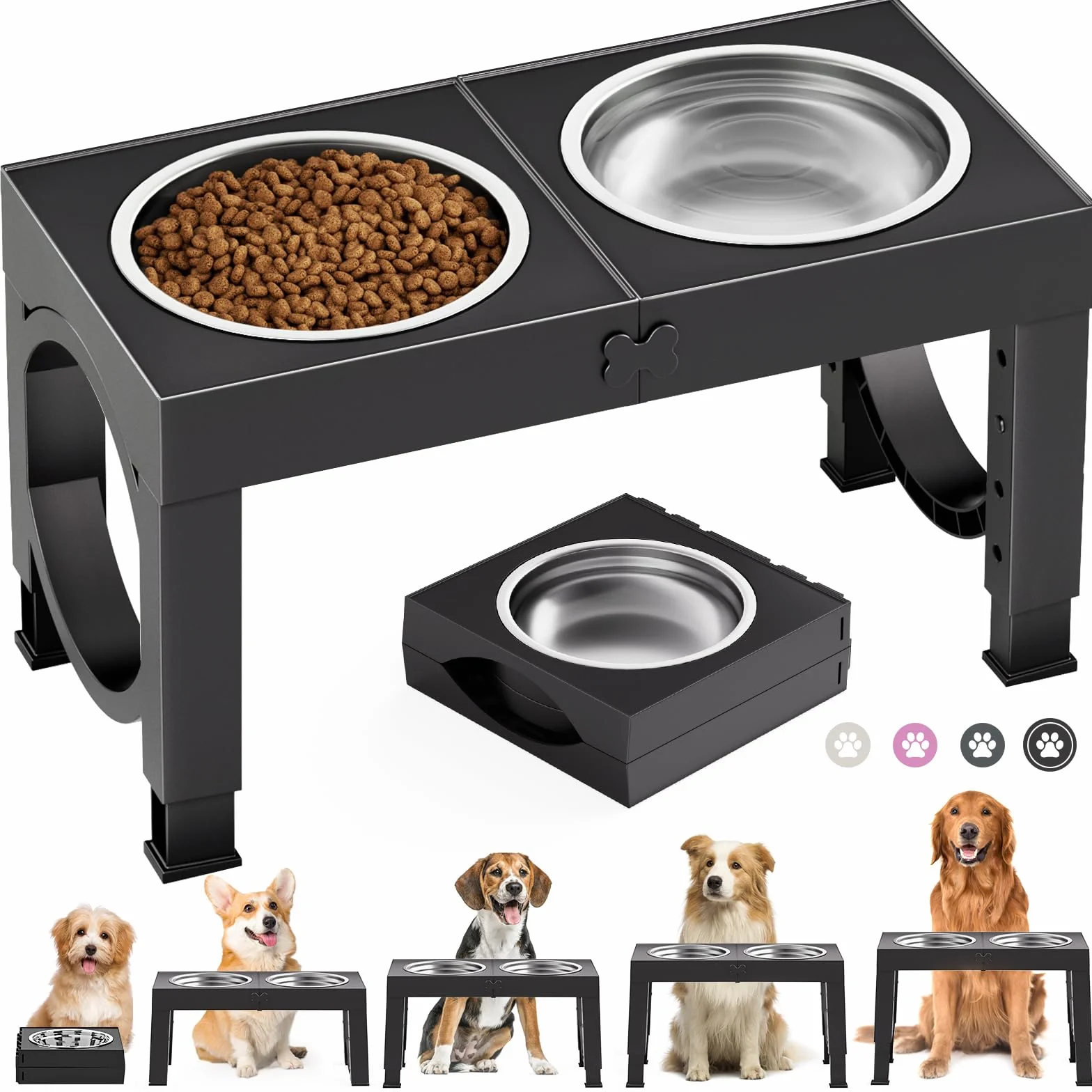 X XBEN Ciotole Rialzate per Cani Piccoli, Medi e Grandi, Ciotole per Cani con 5 Altezze Regolabile e con 2 Ciotole in Acciaio Inox da 1200 ML, Pieghevole e Antiscivolo