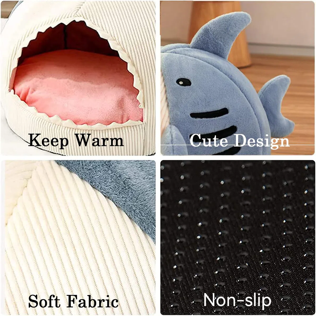 Cuccia per gatti a forma di squalo, con cuscino morbido e caldo, antiscivolo, tenda imbottita rimovibile e lavabile
