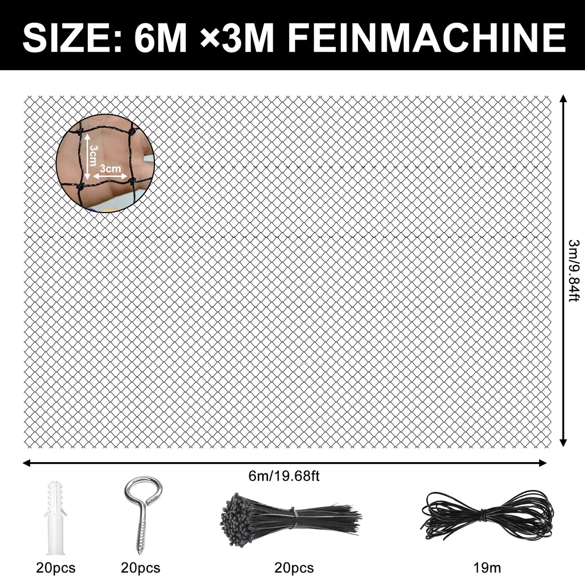 Rete per gatti per balcone, 6 x 3 m, rete per gatti rinforzata con filo rinforzato, rete per gatti con corda di fissaggio da 19 m e accessori, rete di protezione per gatti, per balconi, scale