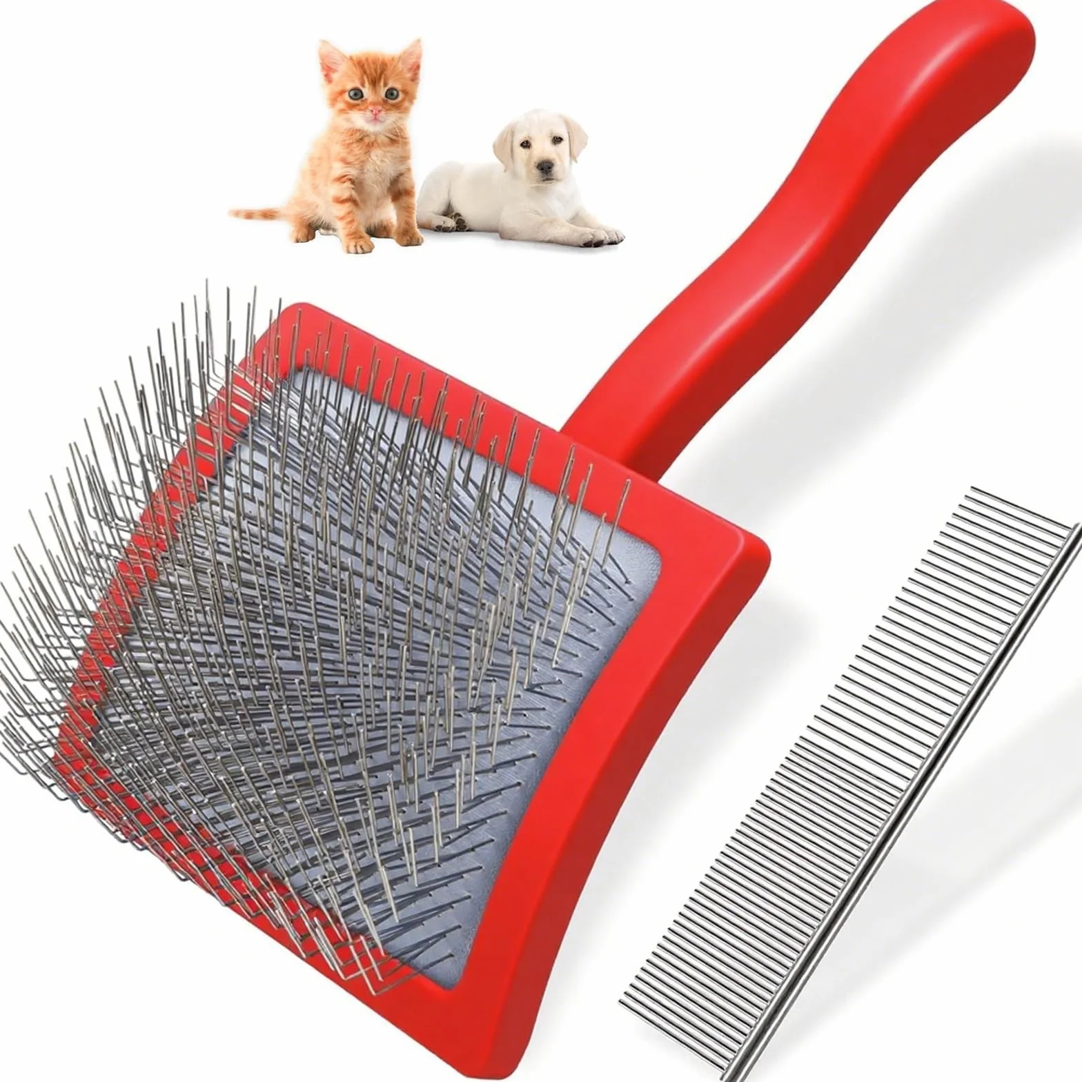 Spazzola per Gatti Grande, Spazzola per Cani Pelo Lungo, Denti in Acciaio Inossidabile, Manico Antiscivolo, Cardatore per Cani e Gatti, Elimina Peli Morti e Sottopelo, Rosso