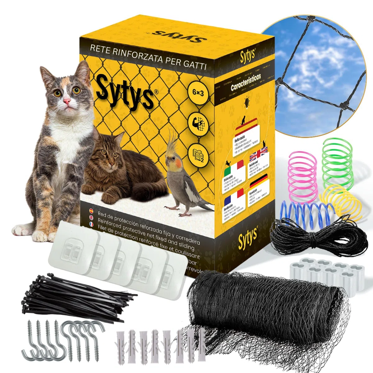 Rete per Gatti Balcone Esterno | Rete di Protezione per Gatti e Uccelli | Rinforzata in Acciaio Inox | Extra Grande 6x3 m | Fissa e Scorrevole | Kit Incluso | Manuale in Italiano