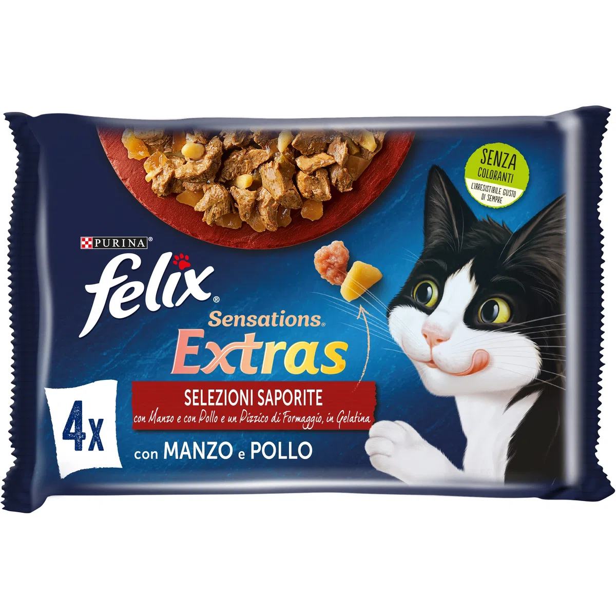 Purina Felix Sensations Extras Cibo Umido per Gatti con Manzo e un Pizzico di Formaggio e con Pollo e un Pizzico di Bacon, 48 buste da 85g ciascuna