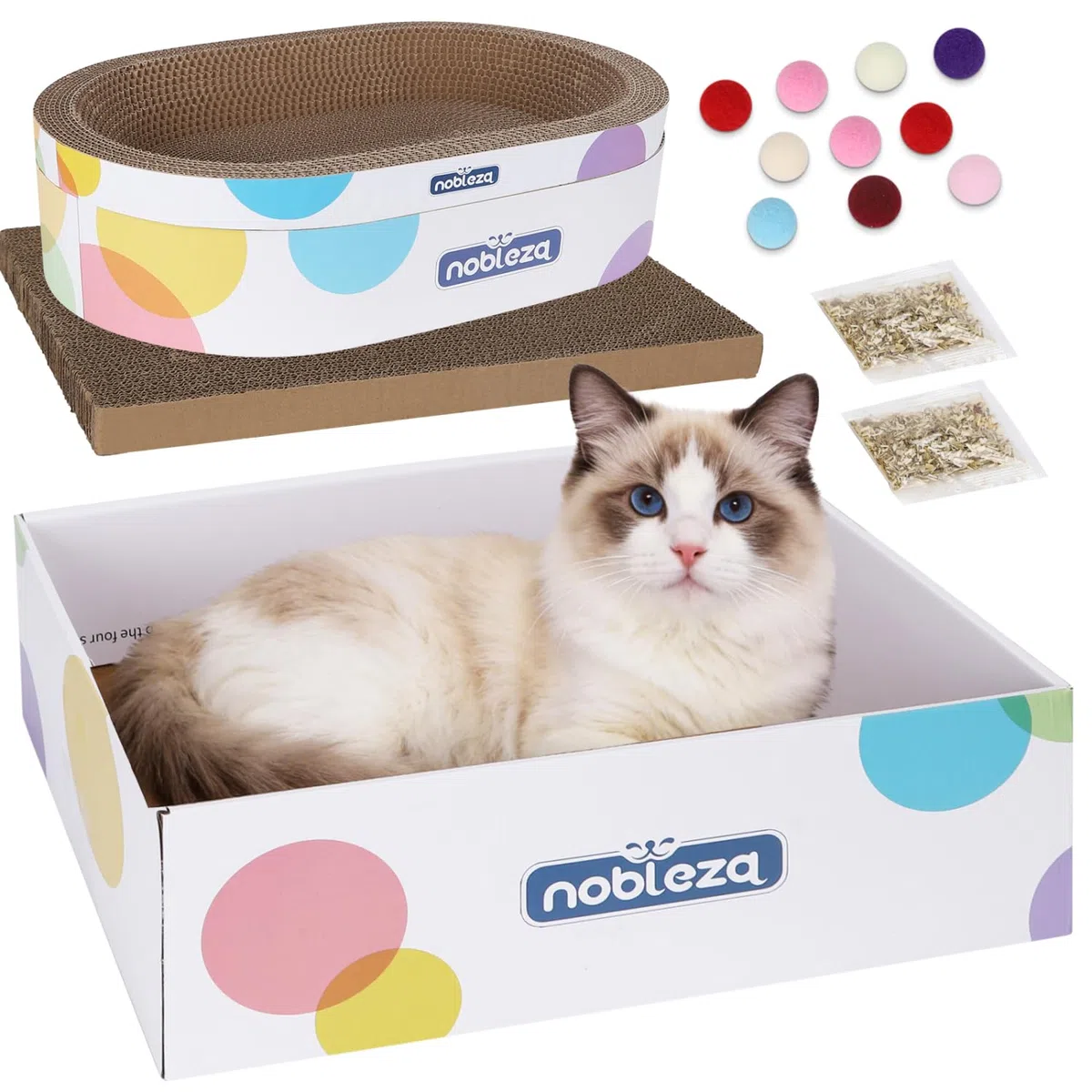 Nobleza Tiragraffi per Gatti 4 in 1 di Cartone Ondulato, Include Cuccia Ovale, Tavola Graffiatoio Piatta, Scatola di Cartone, Palline Giocattolo e Erba Gatta