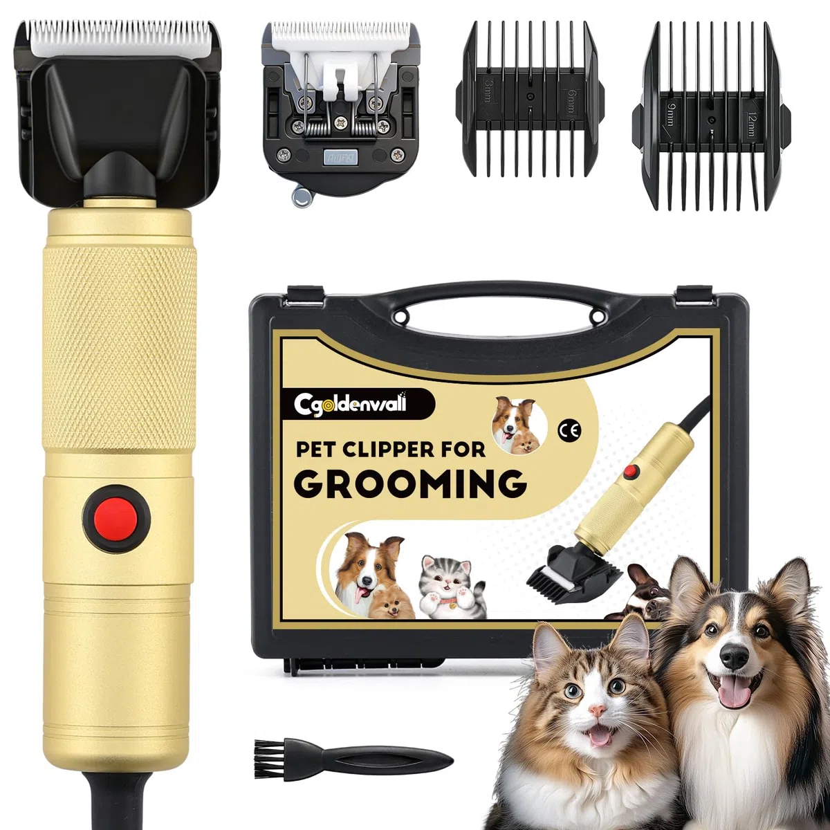 CGOLDENWALL Tosatrice per Cani 280W, Velocità Senza Passaggi 2000-6000RPM, Rumore Basso <50dB, Cavo 3m, 2 Lame Ceramiche Rimovibili, 2 Pettini Accessori per Cane, Gatto e Tutti i Tipi di Pelo (Dorato)