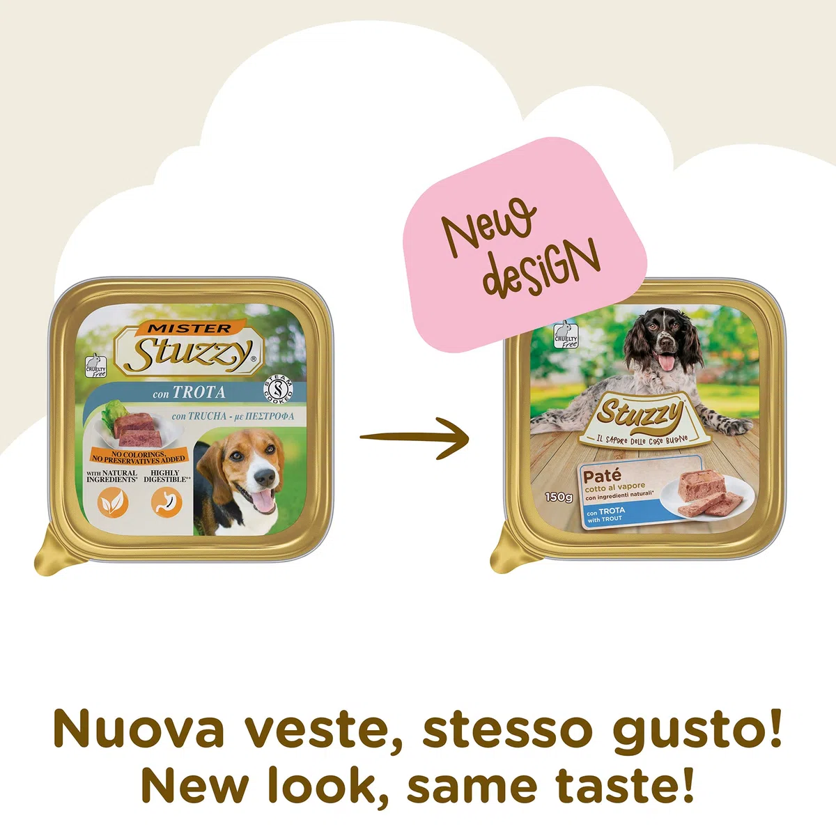 Stuzzy, Cibo Umido per Cani Adulti al Gusto Trota, Paté e Carni in Pezzi - Totale 3,3Kg (22 Vaschette da 150G)