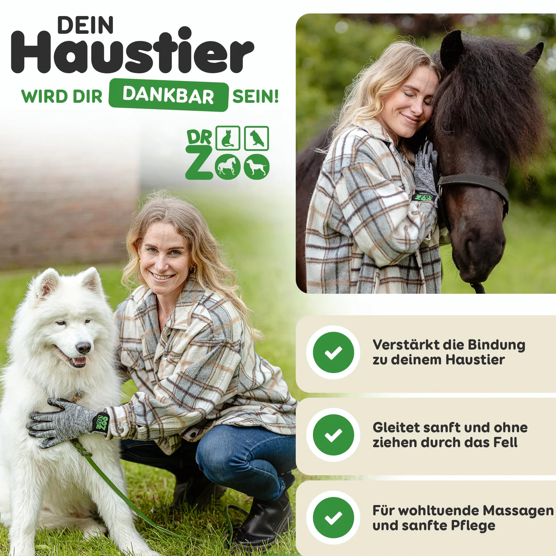 Dr. Zoo Guanti professionali per toelettatura; per qualsiasi animale domestico con pelo corto, medio e lungo; possono essere utilizzati come spazzola per cane/gatto/cavallo o pettine al curry; guanto