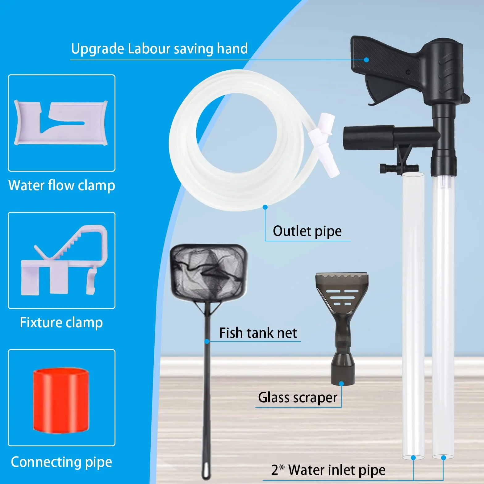 Pulizia Acquario Ghiaia, 5 in 1 Kit di Pulizia per Cambio d'Acqua Filtro con Pulsante di Pressione dell'Aria, Multifunzione Sifone Aspirapolvere Pulitore per Ghiaia per Cambia l'acqua, Succhia Sporco