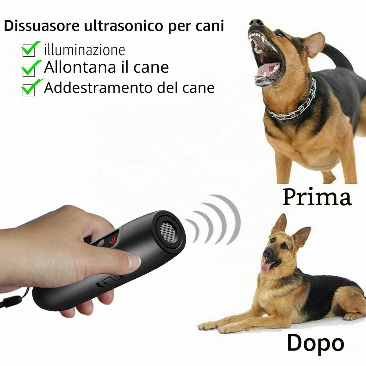 Dispositivo Antiabbaio a Ultrasuoni Portatile, Antiabbaio per Cani con Torcia LED USB Ricaricabile per Esterni con 3 Canali ad Alta Frequenza per Cani Piccoli, Medi e Grandi