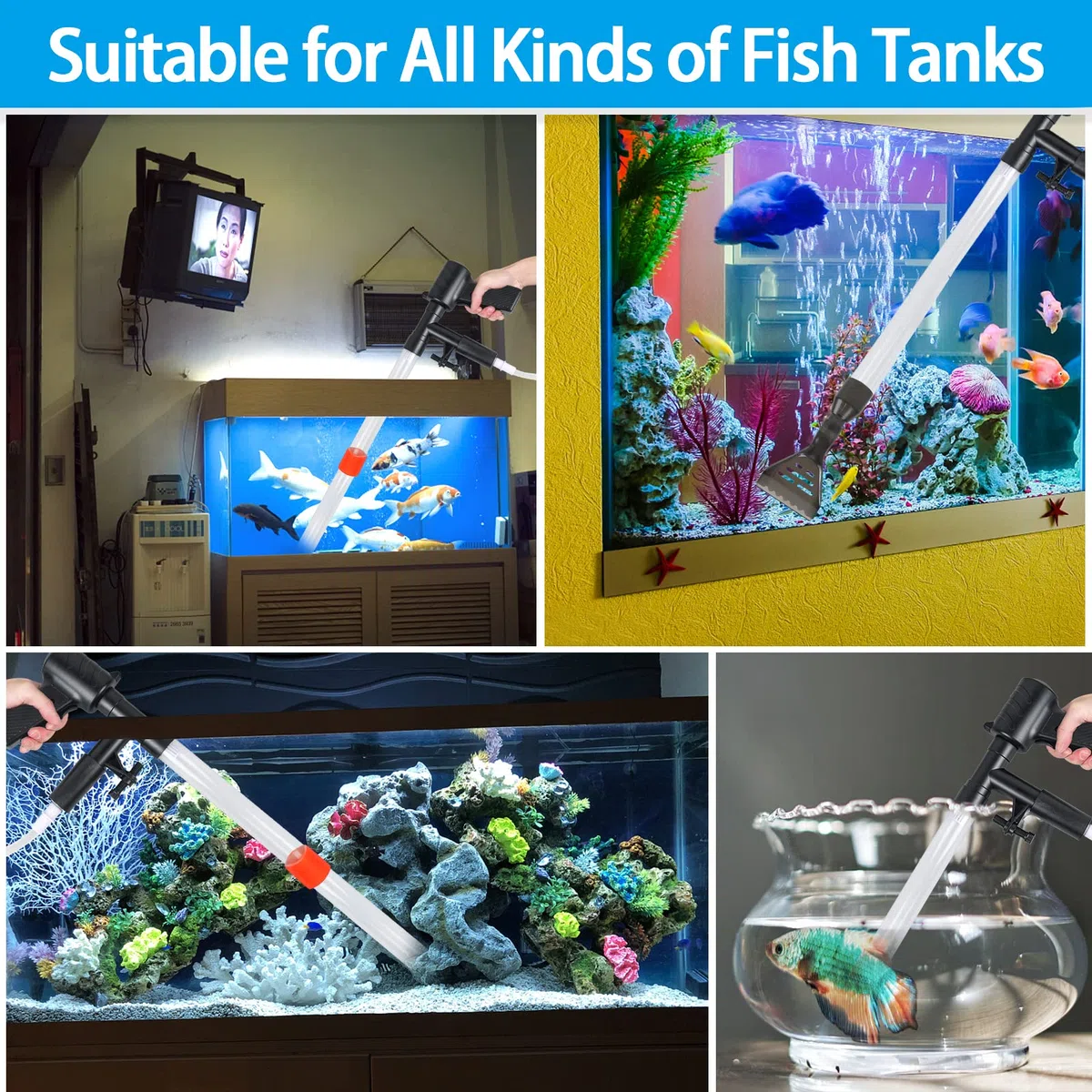 Aspirapolvere per Acquario, Sifone Aspirarifiuti Kit per la Pulizia della Ghiaia dell’Acquario con Ugello Lungo, Pompa Sifone Acquario per Pulizia Fondo Acquario