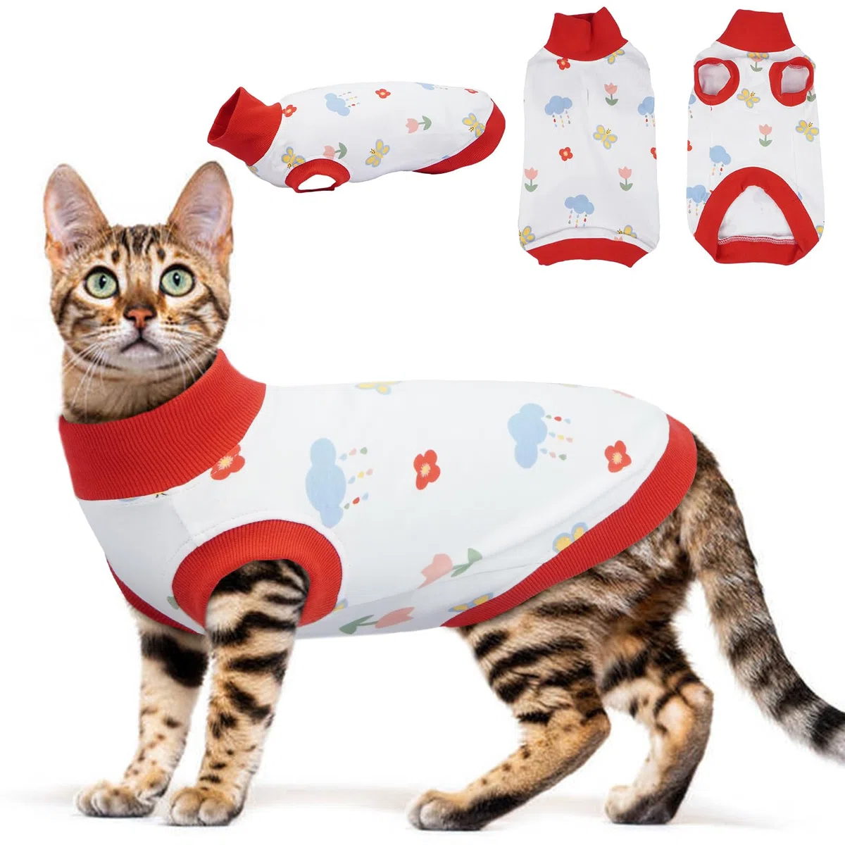 HjyHjyokuso Vestito Gatto in Cotone - Senza Maniche, Collo Alto, Respirante, Per Gatti Sensibili - Aiuta a Controllare la Perdita di Pelo e Calma l'Ansia - Rosso, L