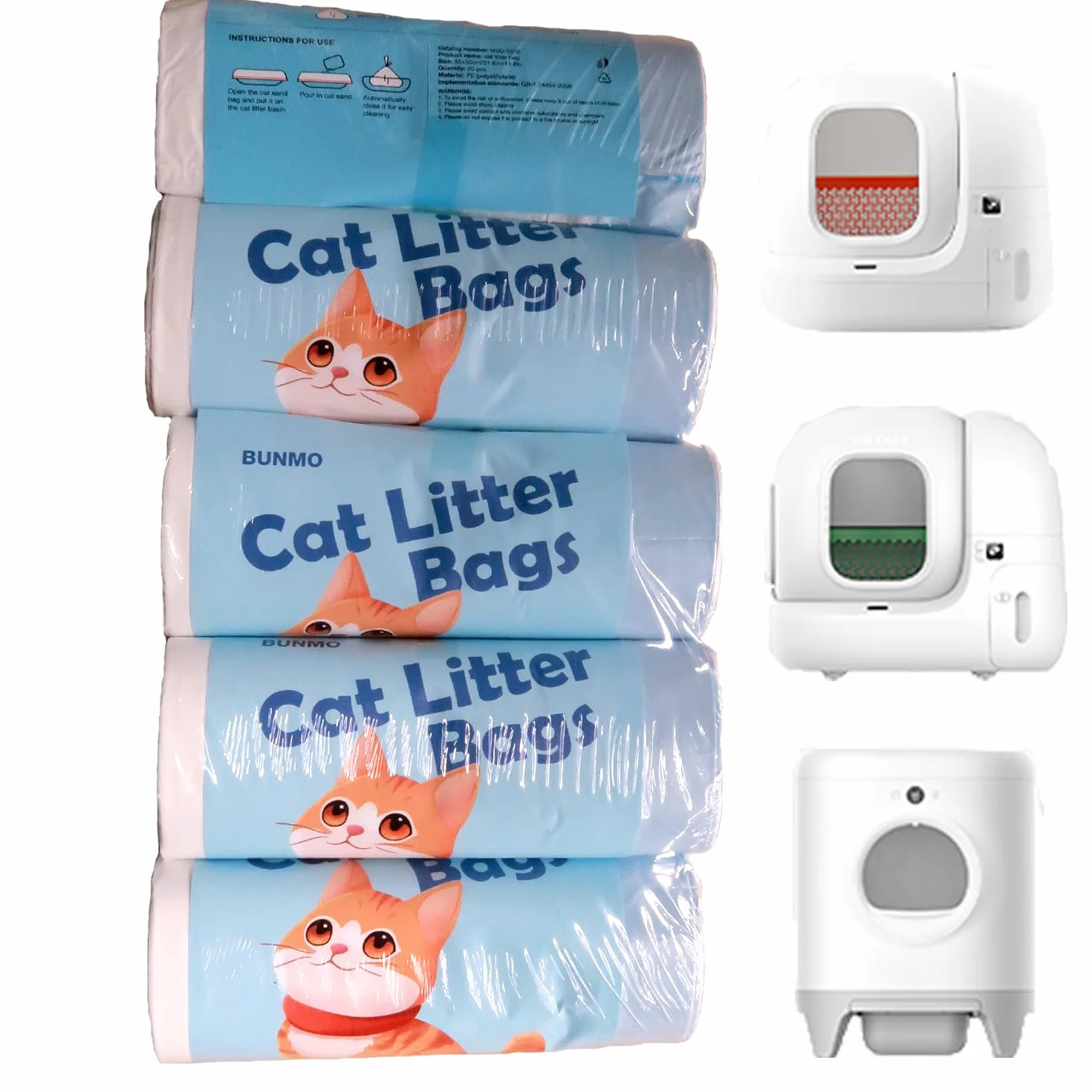 BUNMO Sacchetti per Escrementi per Gatti, compatibili con PURA Max, PURA Max 2 e PURA X, 5 Rotoli*20 (100 Pezzi), 55 x 30 cm