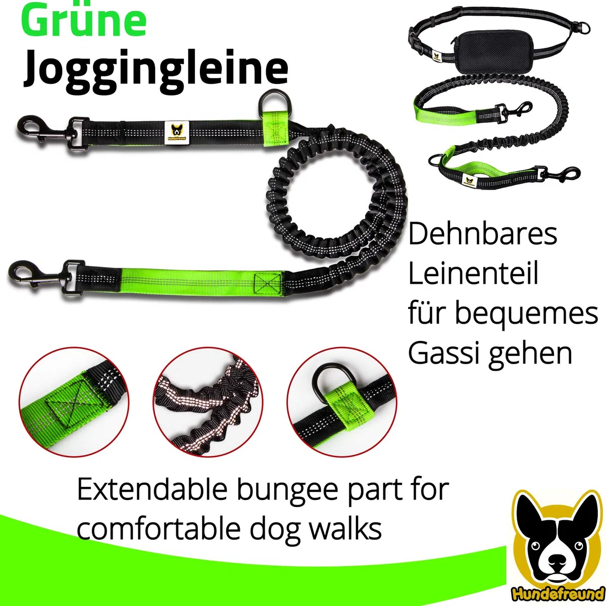 Guinzaglio da jogging | Per correre a mani libere, passeggiate ed escursioni | Corda di 120 cm (allungabile fino a 200 cm) con cintura in vita regolabile in nylon resistente allo strappo e con marsupio rimovibile