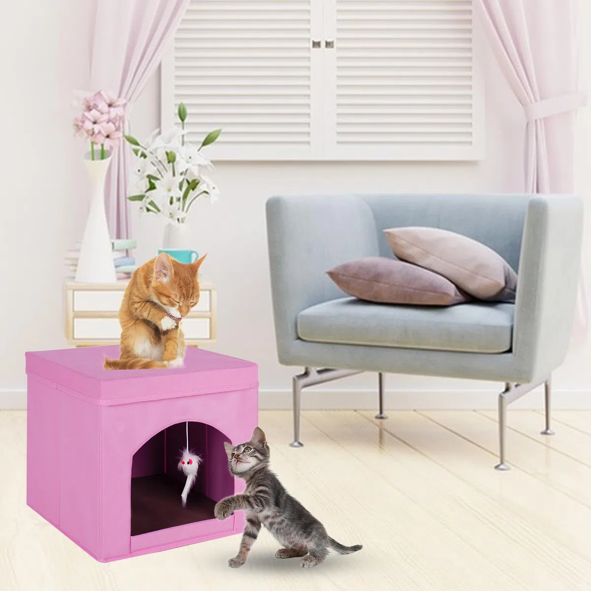 Powerking Cuccia Pieghevole per Gatti o Gattini, Cubo per Felini, 33 x 33 x 33 cm, Rosa
