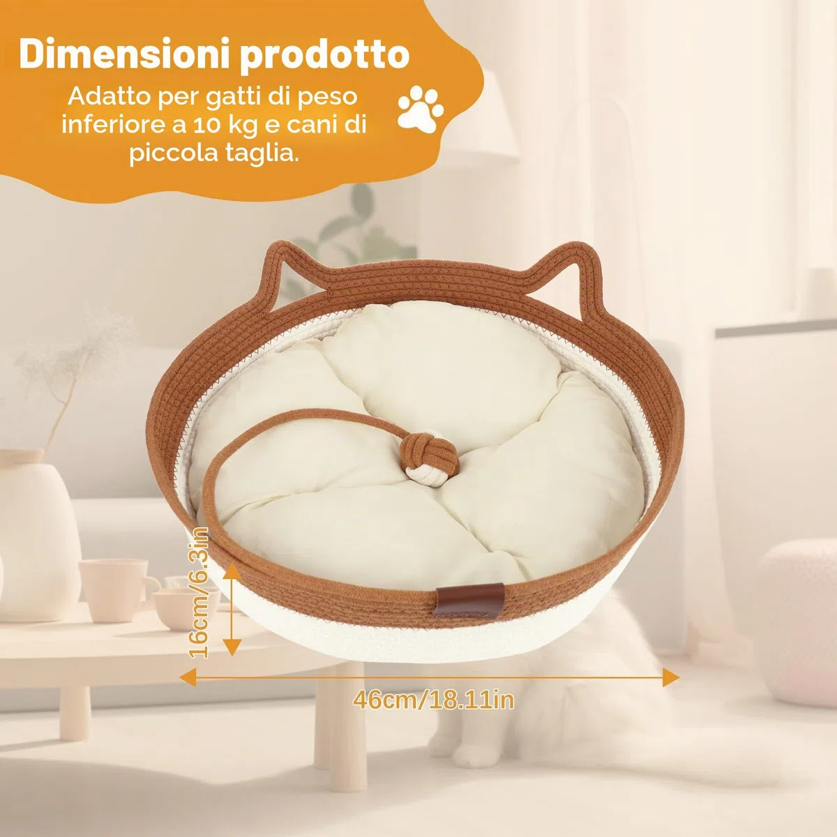 Zocipro Letto per Gatti in Corda di Cotone con Cuscino, 46x46x16 cm Grande Cuccia Rotonda Lavabile con Pallina Giocattolo in Corda di Cotone