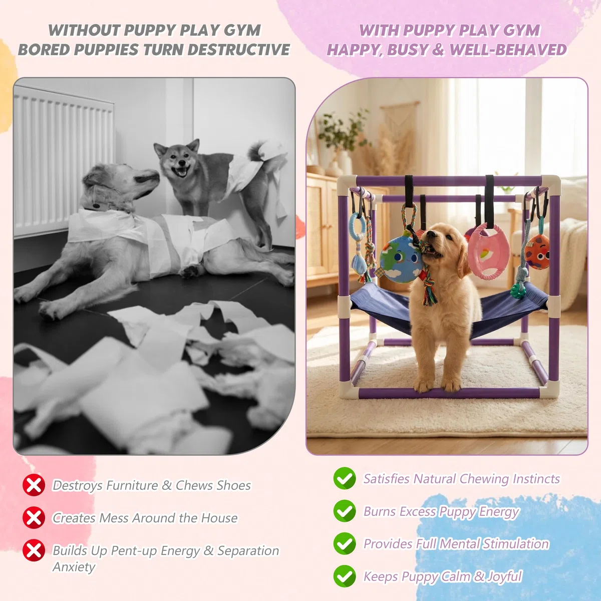 Parco giochi per cuccioli, con 8 giocattoli, parco giochi per cani di piccola taglia, centro attività per cani, telaio in PVC, amaca, giocattolo per addestramento, calma al chiuso