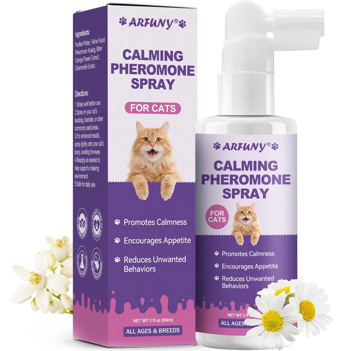 Spray calmante per gatti, aiuta a risolvere problemi comportamentali, stress, ansia, per casa, viaggi, toelettatura, con feromoni per gatti e ingredienti naturali