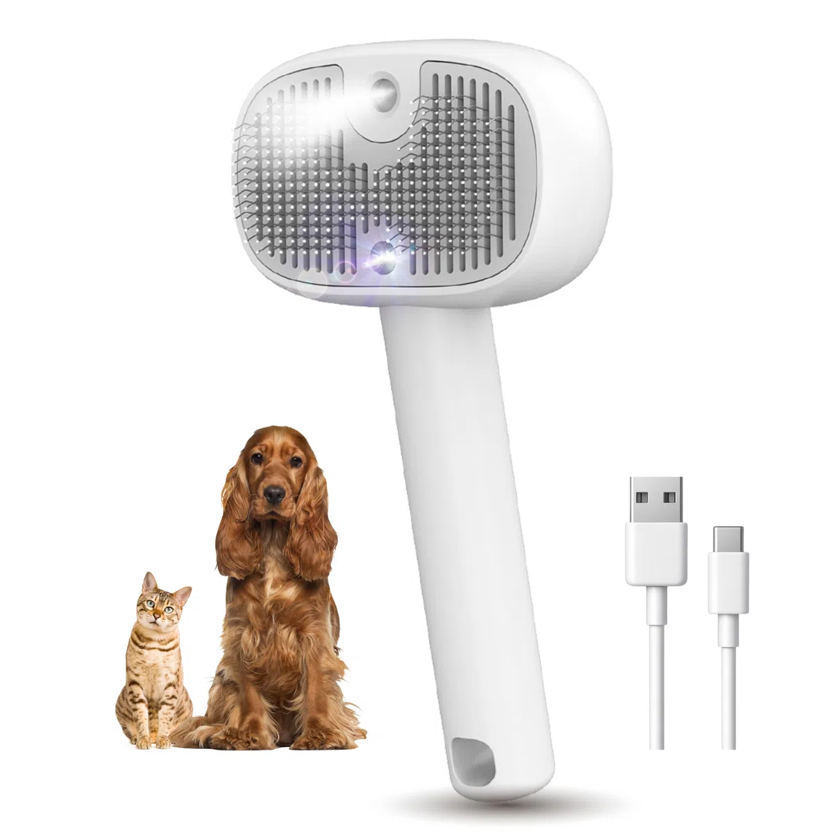 Spazzola a Vapore per Cani e Gatti,3-in-1 Luce UV Igienizzante, Setole Arrotondate, Rimozione Pelo Morto e Nodi, Batteria 500mAh Ricaricabile USB, Kit Toelettatura Professionale, Bianco
