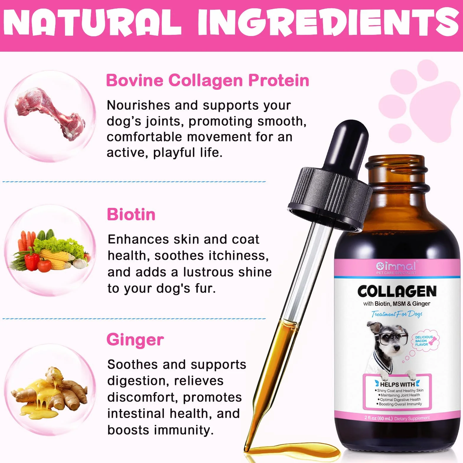 Collagene per Cani, Gocce di Collagene per Cani 60 Ml, Potenziamento del Collagene, Ricco di Biotina, Aiuta La Salute della Pelle, delle Articolazioni E Dell'Apparato Digerente (1pcs, Bacon)