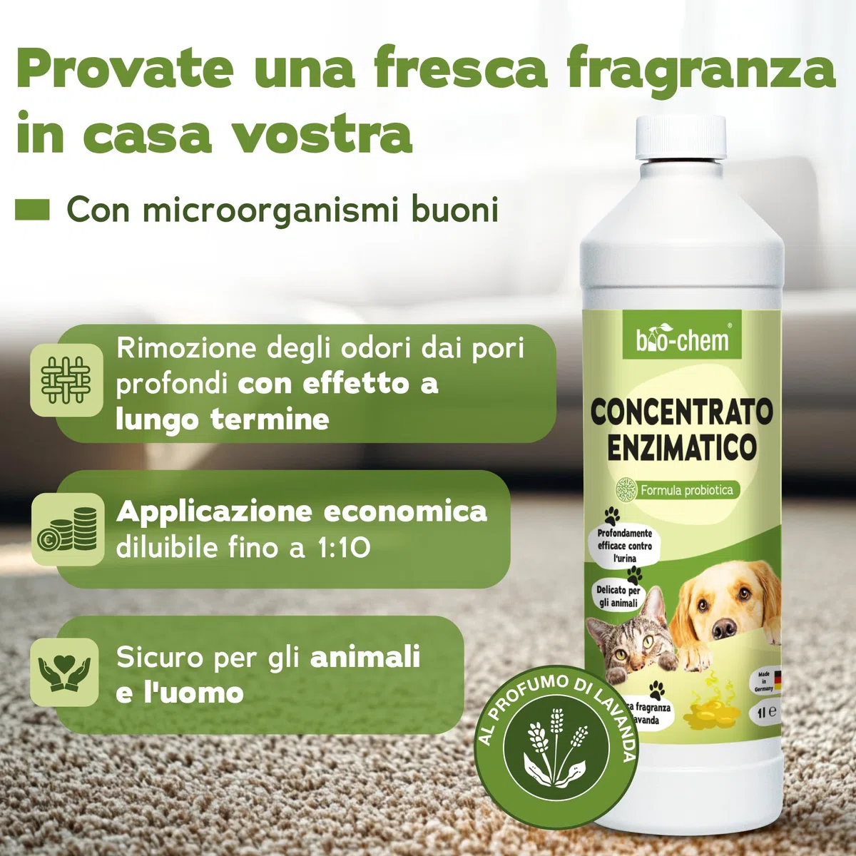 Bio-Chem - Detergente enzimatico concentrato 1L + flacone di miscelazione - Combatte gli odori ostinati e le macchie - Azione probiotica naturale per tappeti, tessuti e superfici
