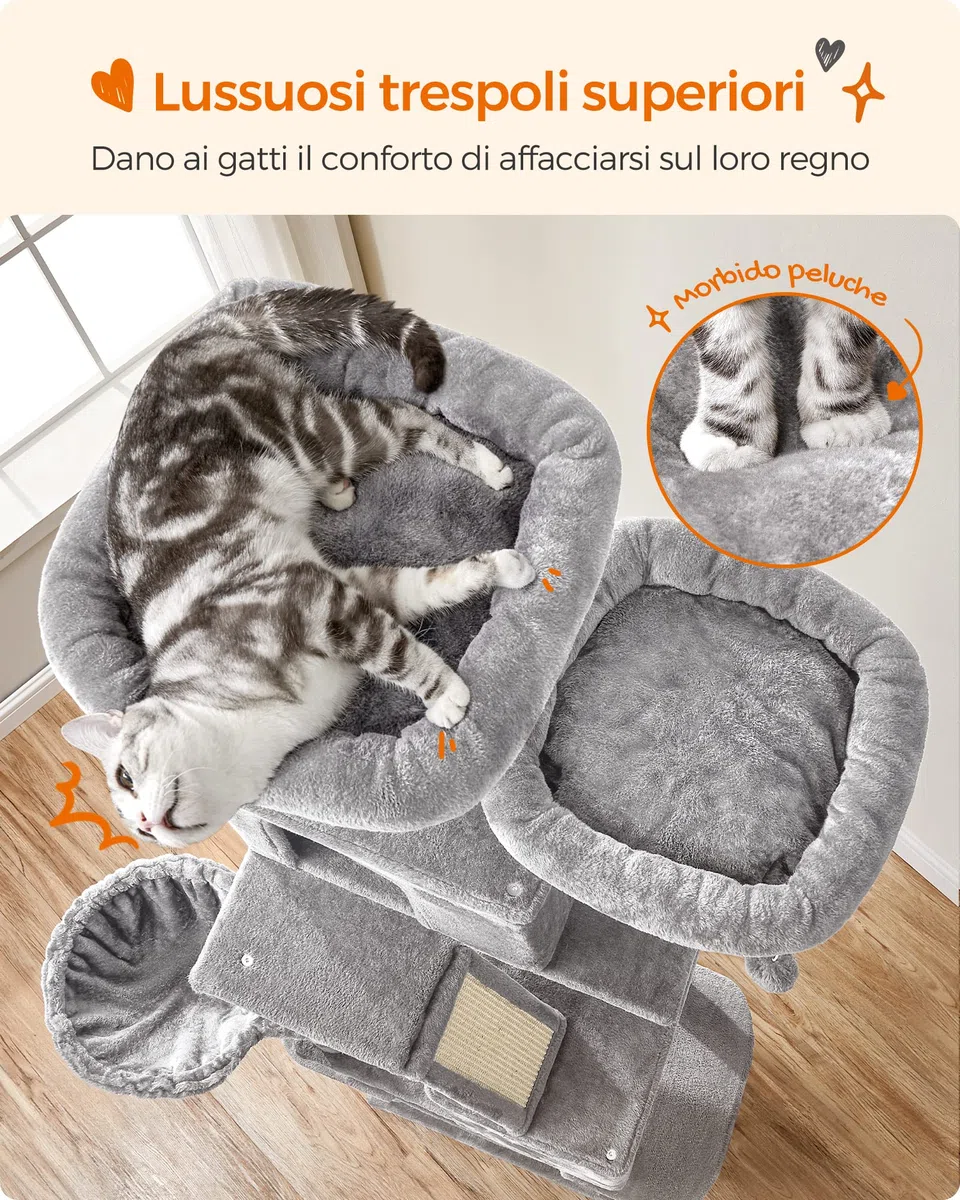 Feandrea Albero per Gatti, Alto 206 cm, Tiragraffi per Gatti Adulti, XXL, con 13 Graffiatoi, 2 Posatoi, 2 Grotte, Cesto, Pompon, in Peluche a Più Livelli per Interno, Grigio Chiaro PCT190W01