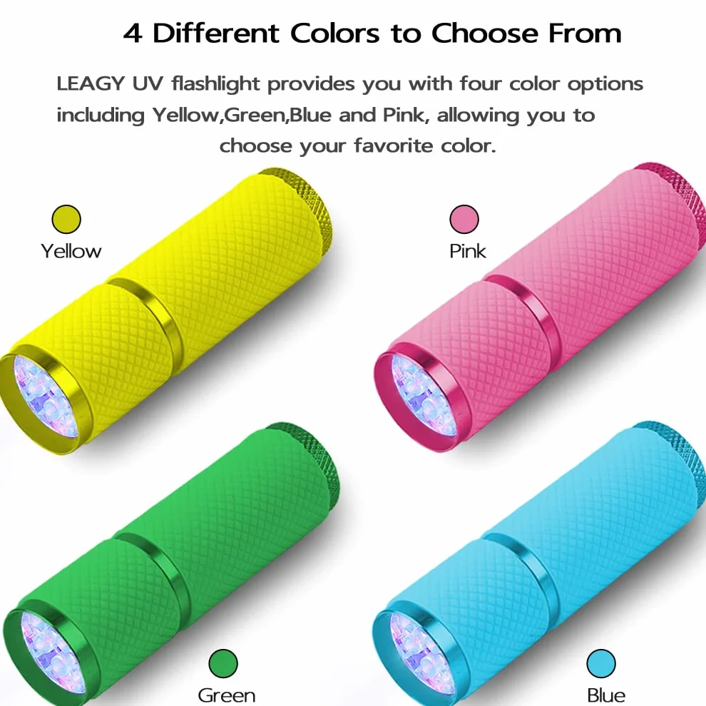 LEAGY 2 Pezzi Mini Torcia UV con 9 LED Batterie - Rilevatore di Urine per Animali Domestici Agenti Fluorescenti Macchie Secche Controllo delle Falsificazioni Banconote Cimici dei Letti ecc (Giallo)