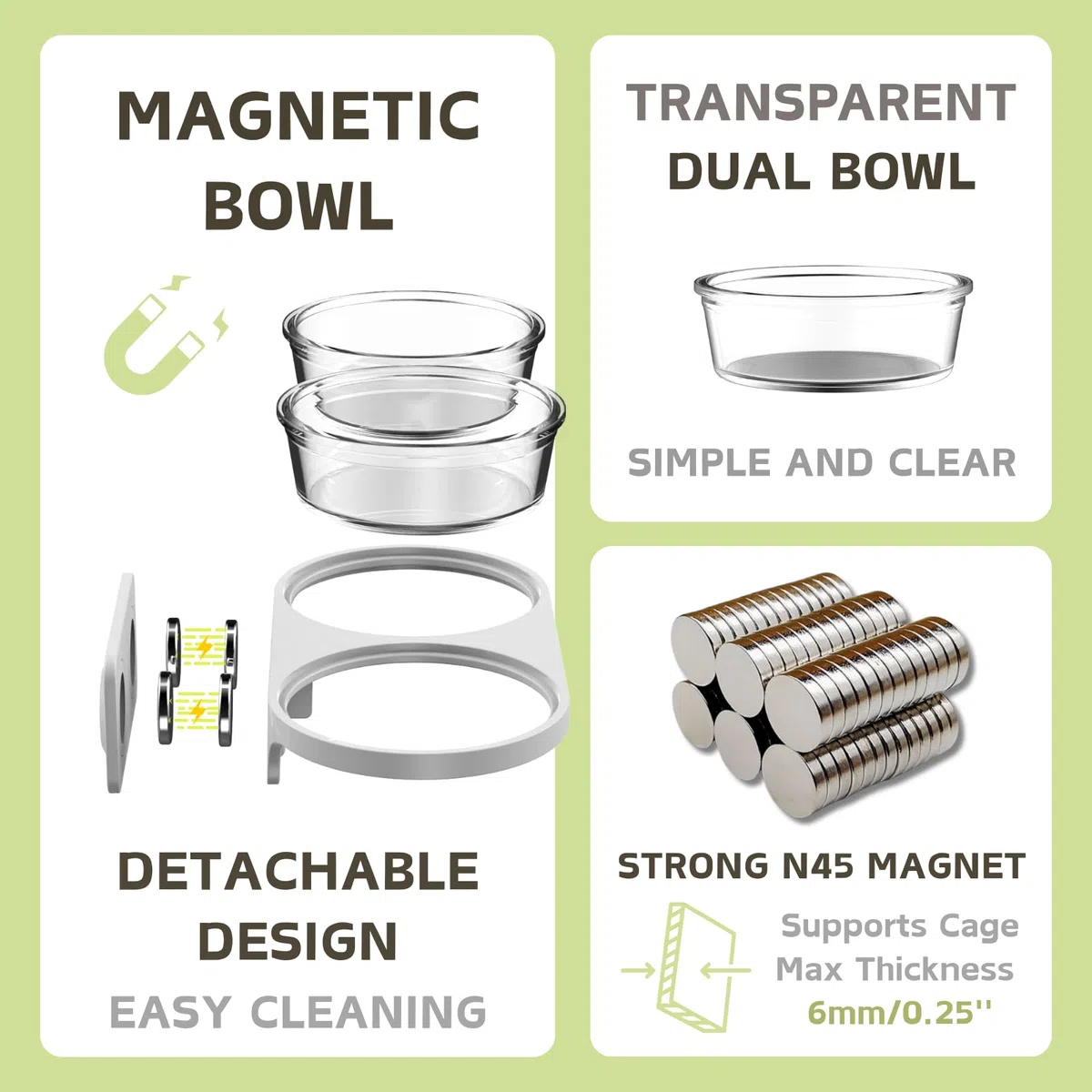 Set Magnetico per Alimentazione Roditori con Bottiglia d'Acqua & Ciotola per Terrari in Vetro Criceto Dorato Degù (Grigio, Montaggio magnetico)