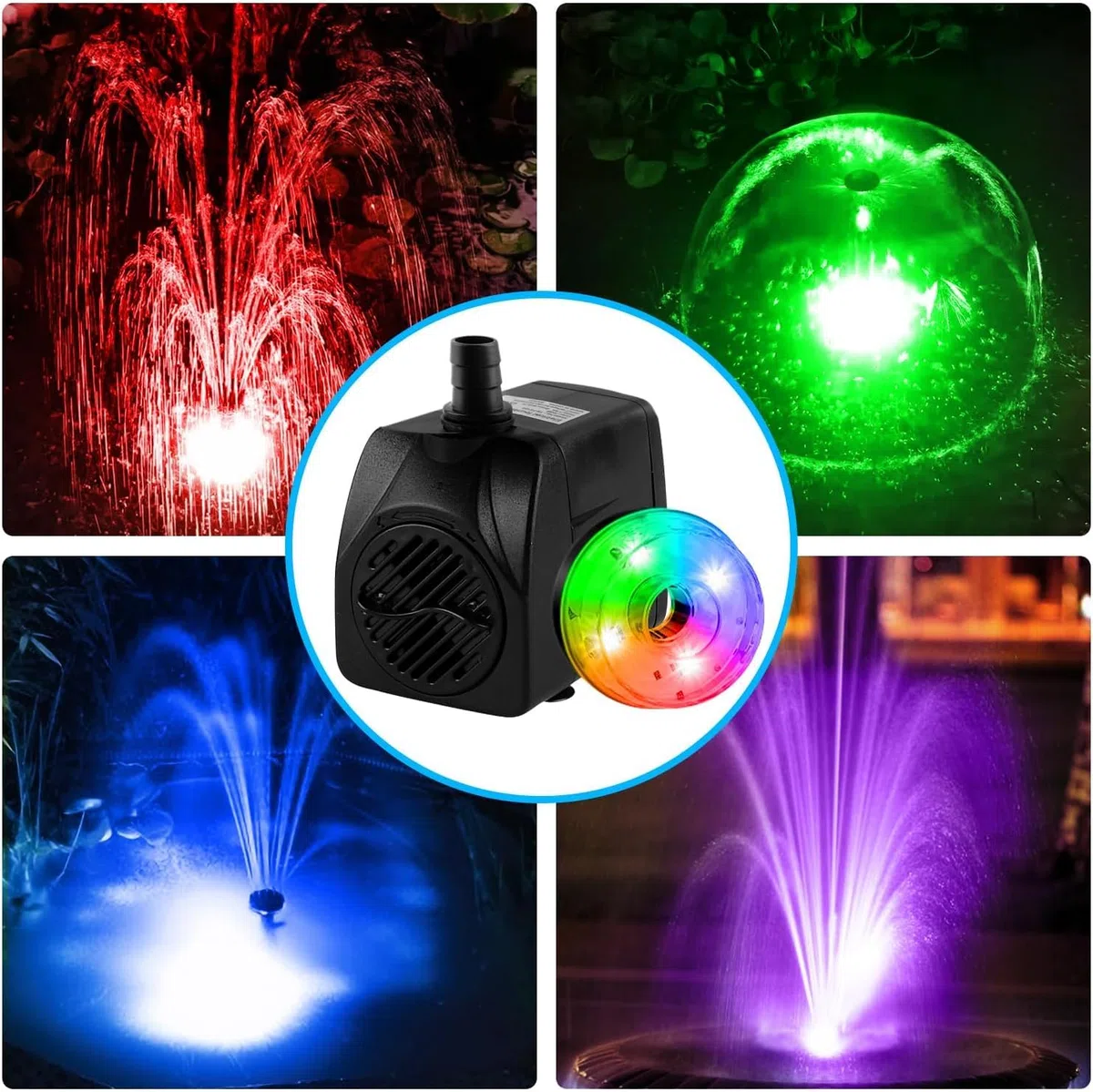 NATPOW Pompa Acquario Sommergibile con RGB LEDs, 800L/H 180-240V 15W Pompa Laghetto Ultra Silenzioso, Laghetto Pompa Acqua con 3 Ugelli per Giardino, Laghetto, Cascata
