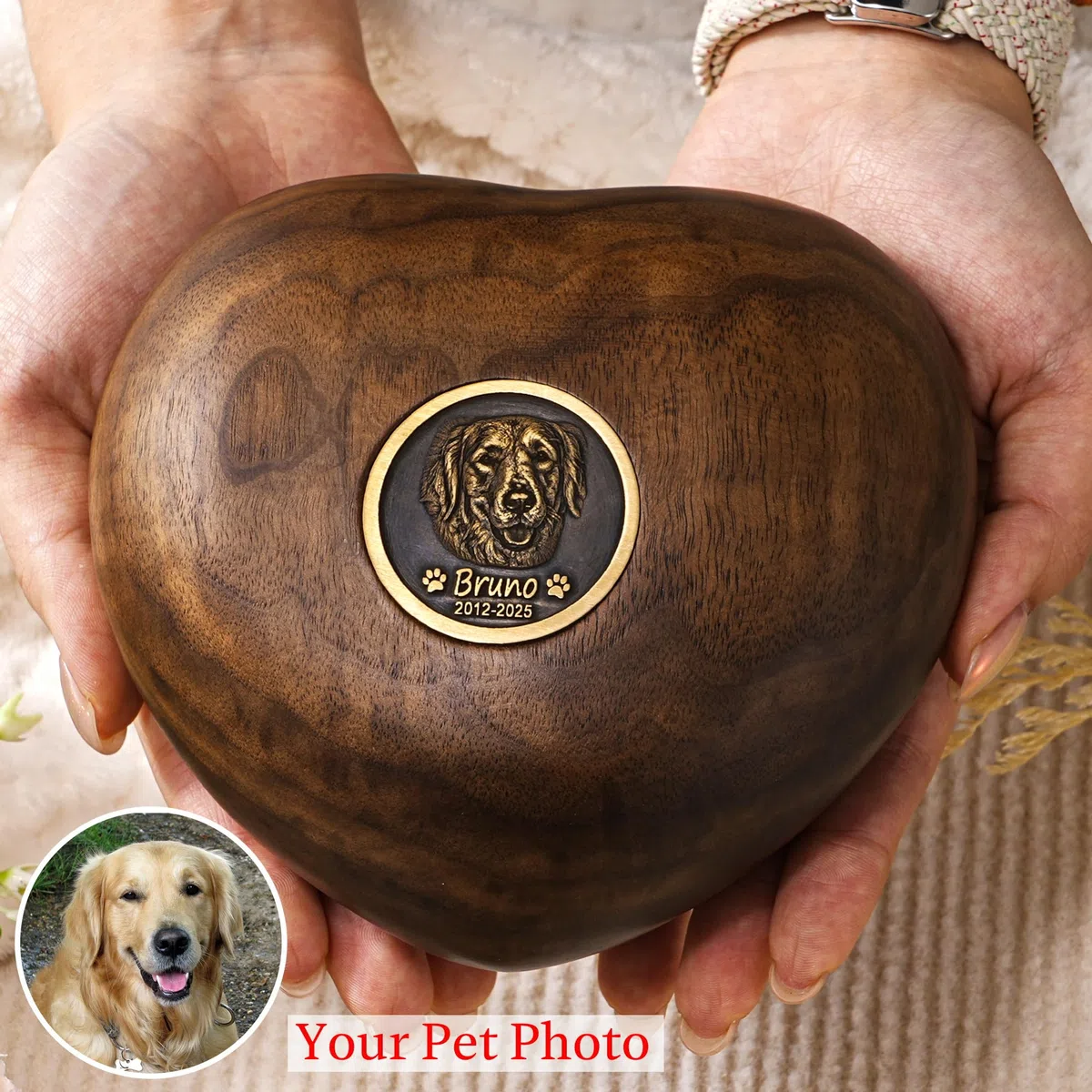 Urna commemorativa per animali domestici con intarsio in ottone personalizzato, urna in legno a forma di cuore con foto, ricordo per cani e gatti, regalo per la perdita di animali domestici