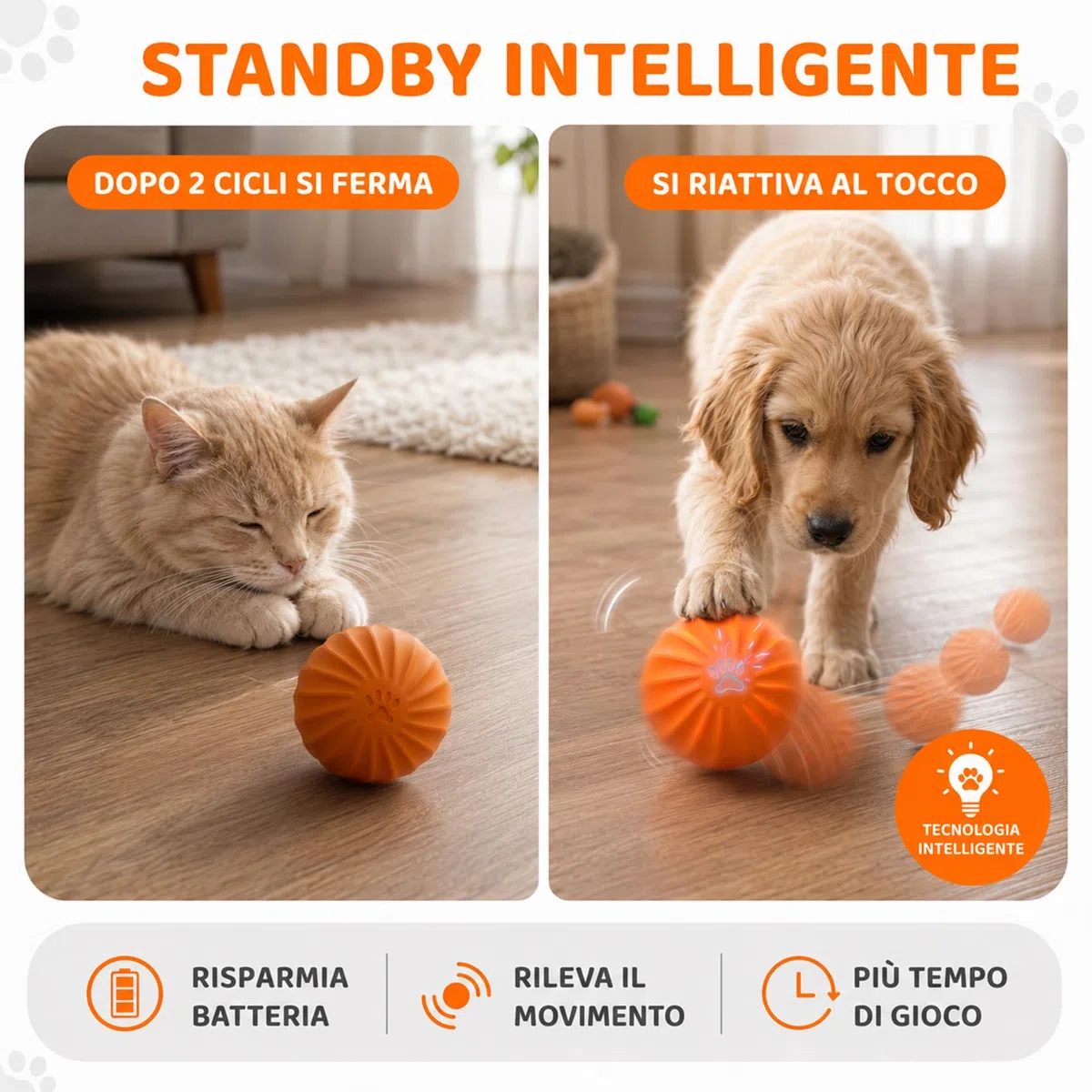 SINOTE'CA Pallina Interattiva per Cani e Gatti, Gioco Automatico con Sensore di Movimento, IP67 Impermeabile e Lavabile, 2 Modalità, 3H Batteria, Gomma Resistente ai Morsi, Ricarica USB-C