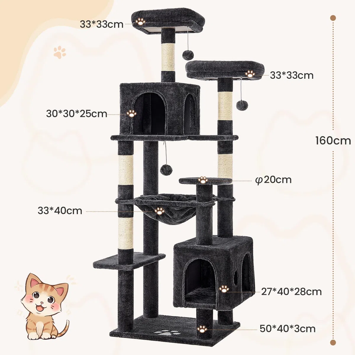 MSmask Tiragraffi grande, L albero per gatti stabile, con 2 piattaforme, 2 grotte per gatti, amaca, colonne in sisal, albero da arrampicata a più piani per gatti (grigio scuro, 160 cm)