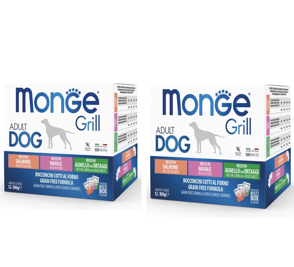Monge Grill Adult Dog Multibox, Grain Free, Bocconcini Cotti al Forno, Salmone, Maiale, Agnello con Ortaggi, 24 Bustine da 100 g