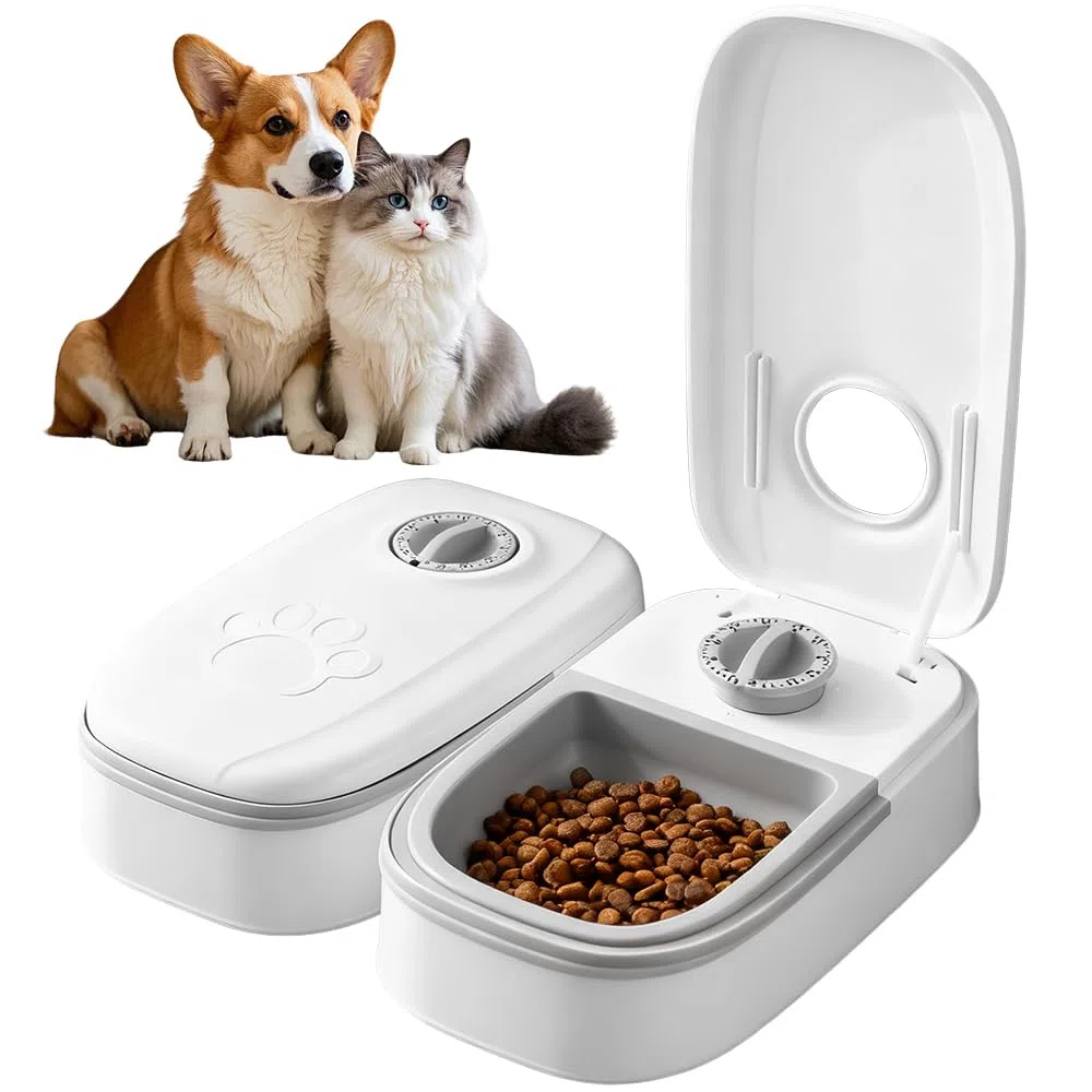 Mangiatoia Automatica, 700 ML 2 Pasti Distributore Automatico Cibo Gatti Cane con timer, Lavabile Dispenser Crocchette Gatto Cane, Grigio Distributore Cibo Gatticane per Dry or Wet Food