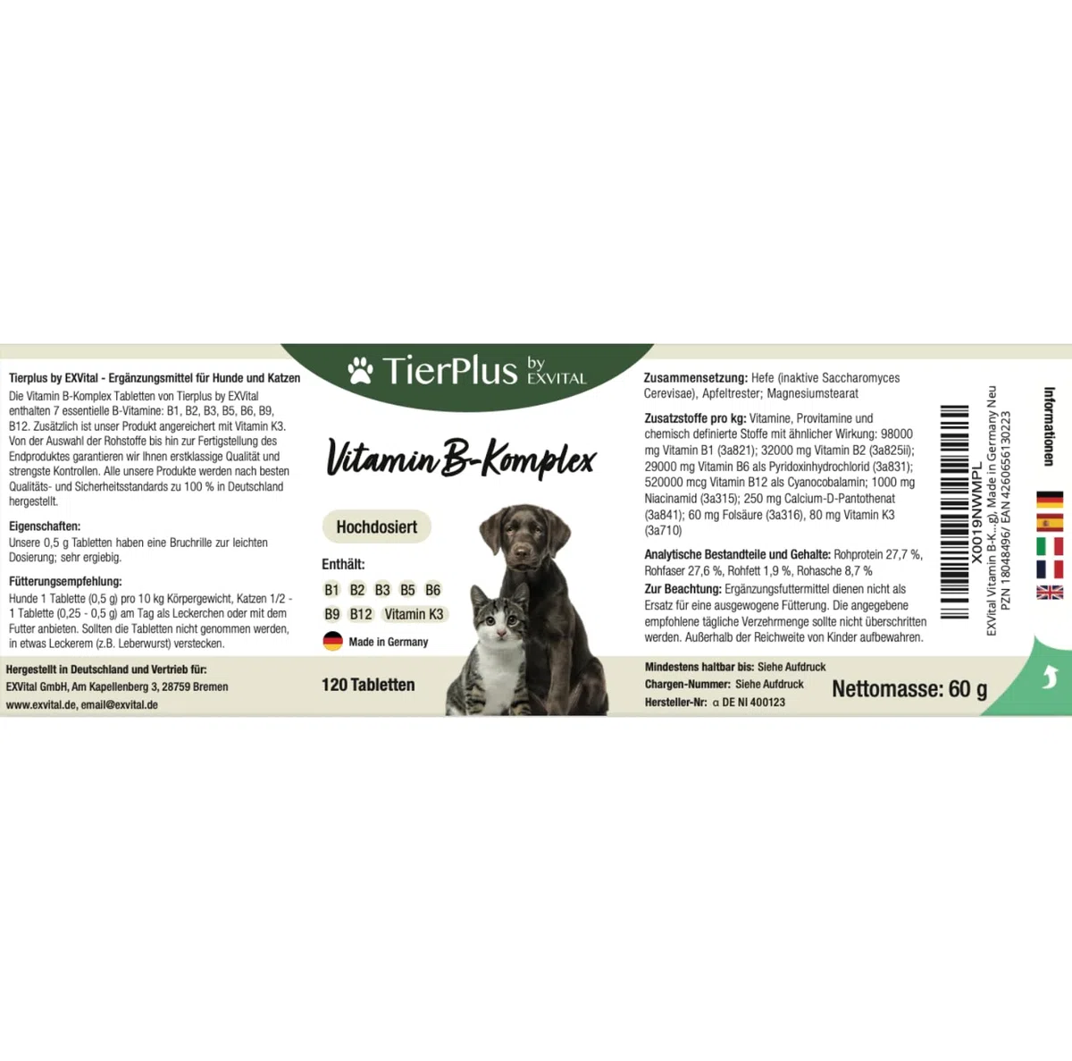 TierPlus Complesso di Vitamine B per Cani e Gatti – B1, B2, B3, B5, B6, B9, B12, K3, 120 compresse, ad alto dosaggio – Prodotto in Germania