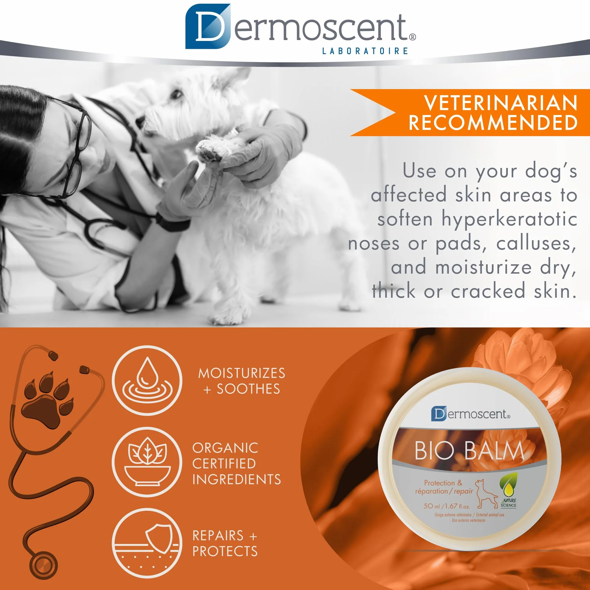 Dermocent | Balsamo Biologico | Balsamo per zampe di cane | Idratante organico per zampette, naso e gomiti | Sollievo dalla pelle pruriginosa del cane | Lenisce le zampe sensibili | 50 ml