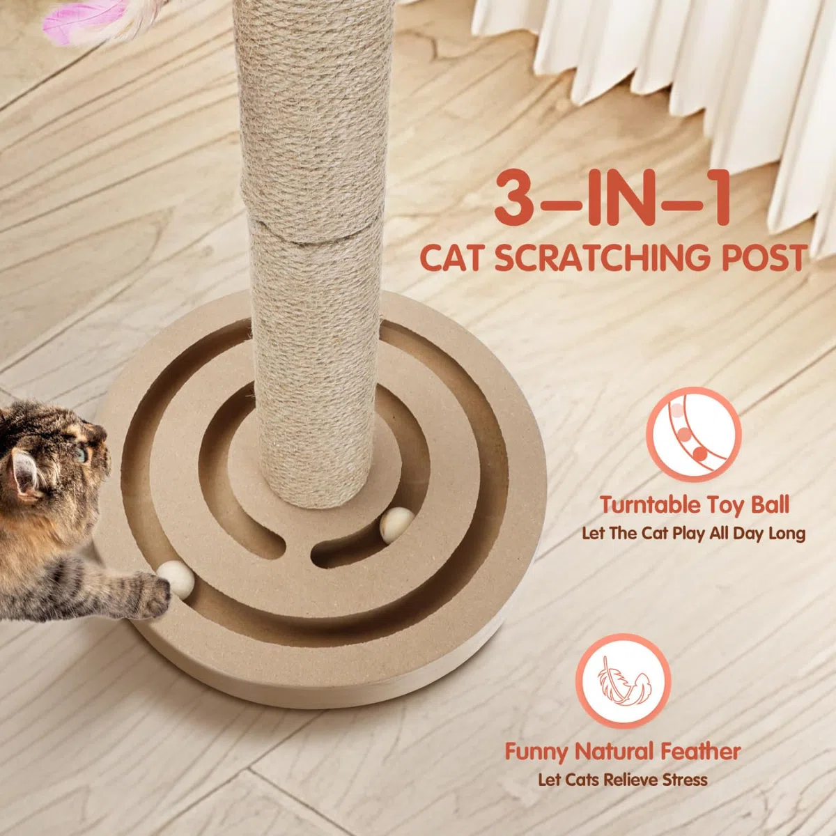 Nobleza Tiragraffi per Gatti in Legno con Palline, Graffiatoio in Sisal Naturale con Piuma, Giocattolo Interattivo 3 in 1, 55x30 cm