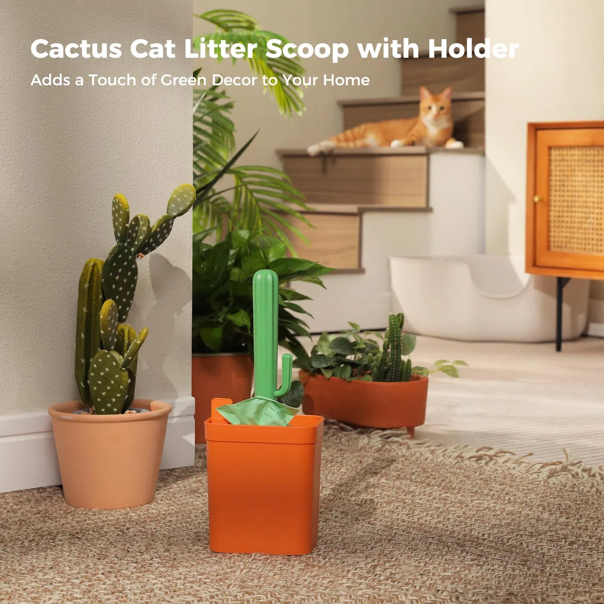 PAWZ Road Paletta per lettiera Cactus con supporto - 2 teste in plastica di paglia biodegradabile e manico durevole in ABS e scatola - Paletta per gatti premium con 1 rotolo di sacco per rifiuti