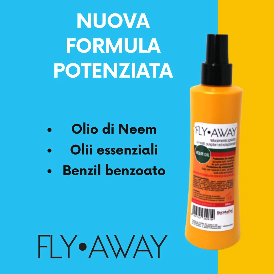 FLY AWAY Eurekavet Spray Antiparassitario 100% Naturale con Olio di Neem - Efficacie Contro: Mosche, Tafani, Flebotomi, Zanzare, Pulci, Zecche, Acari. Antipulci Spray 200ml Cani e Gatti.