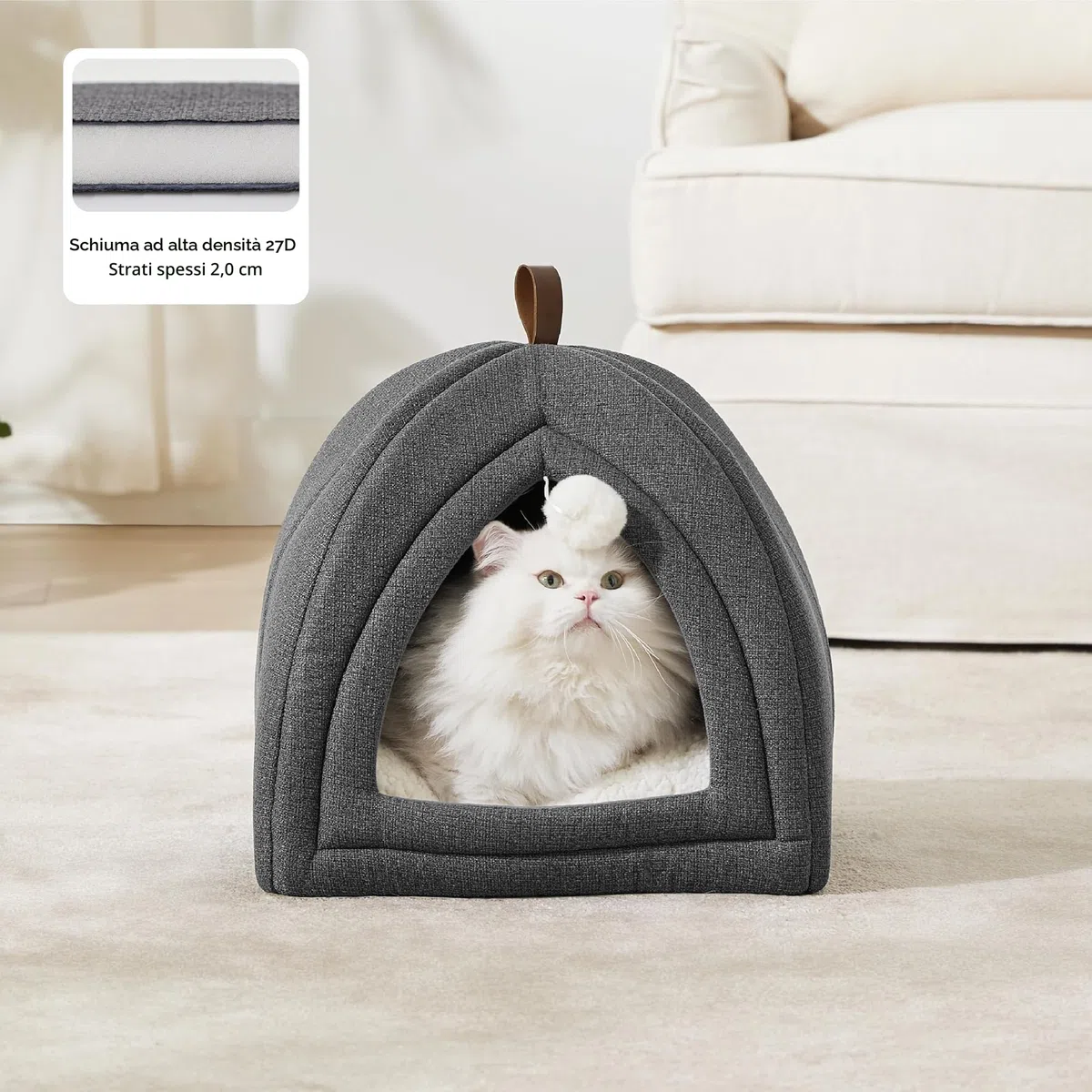 Bedsure Cuccia Gatti Tana Gatti - 40 x 40 x 40 cm Casa per Gatti da Interno con Cuscino Sherpa Rimovibile e Giocattolo Appeso, Cuccia Lavabile, Grigio Scuro